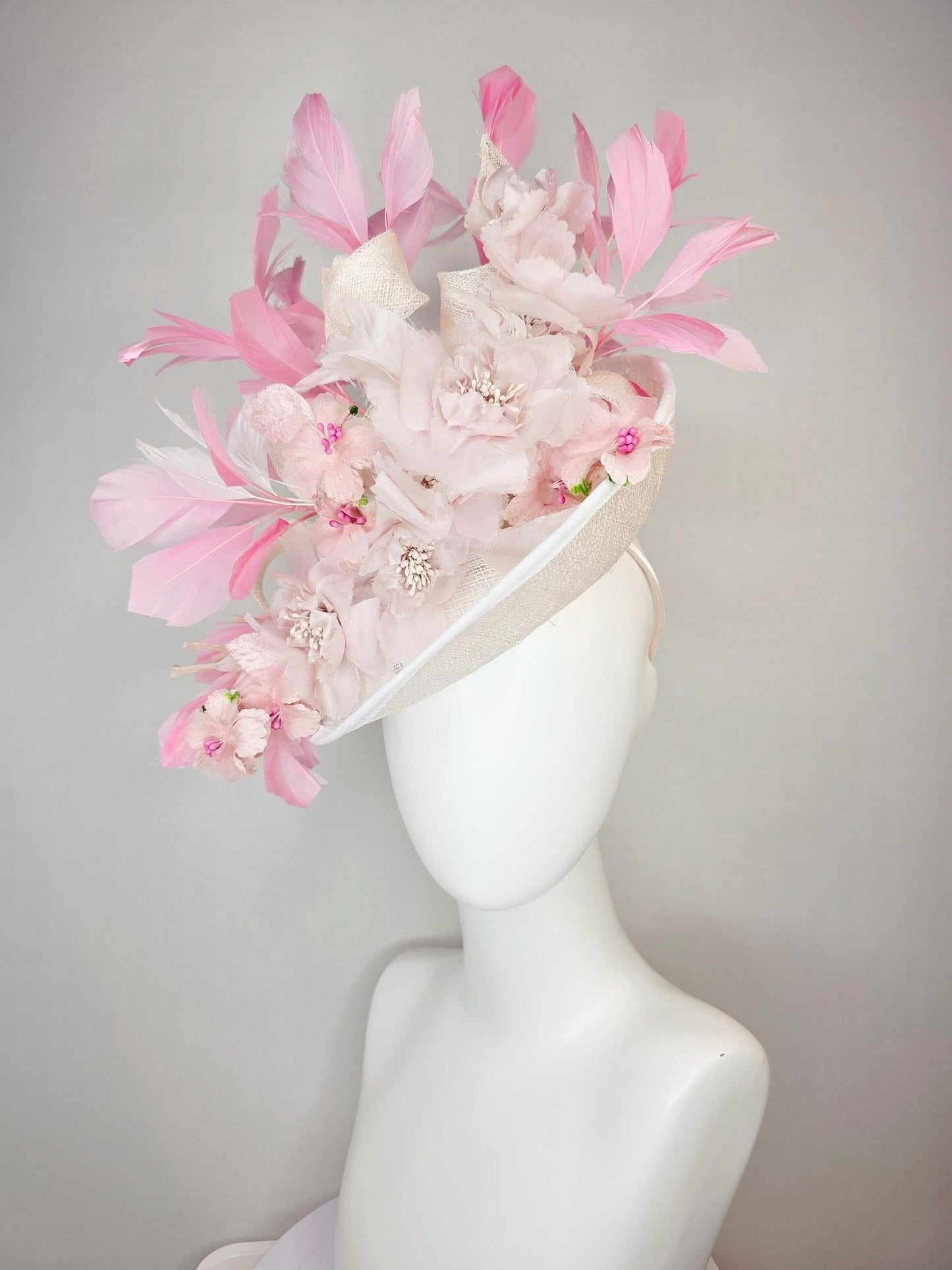 kentucky derby hat fascinator ivory white sinamay saucer with curls light pale pink organza flowers with leaves blush and baby pink feathers