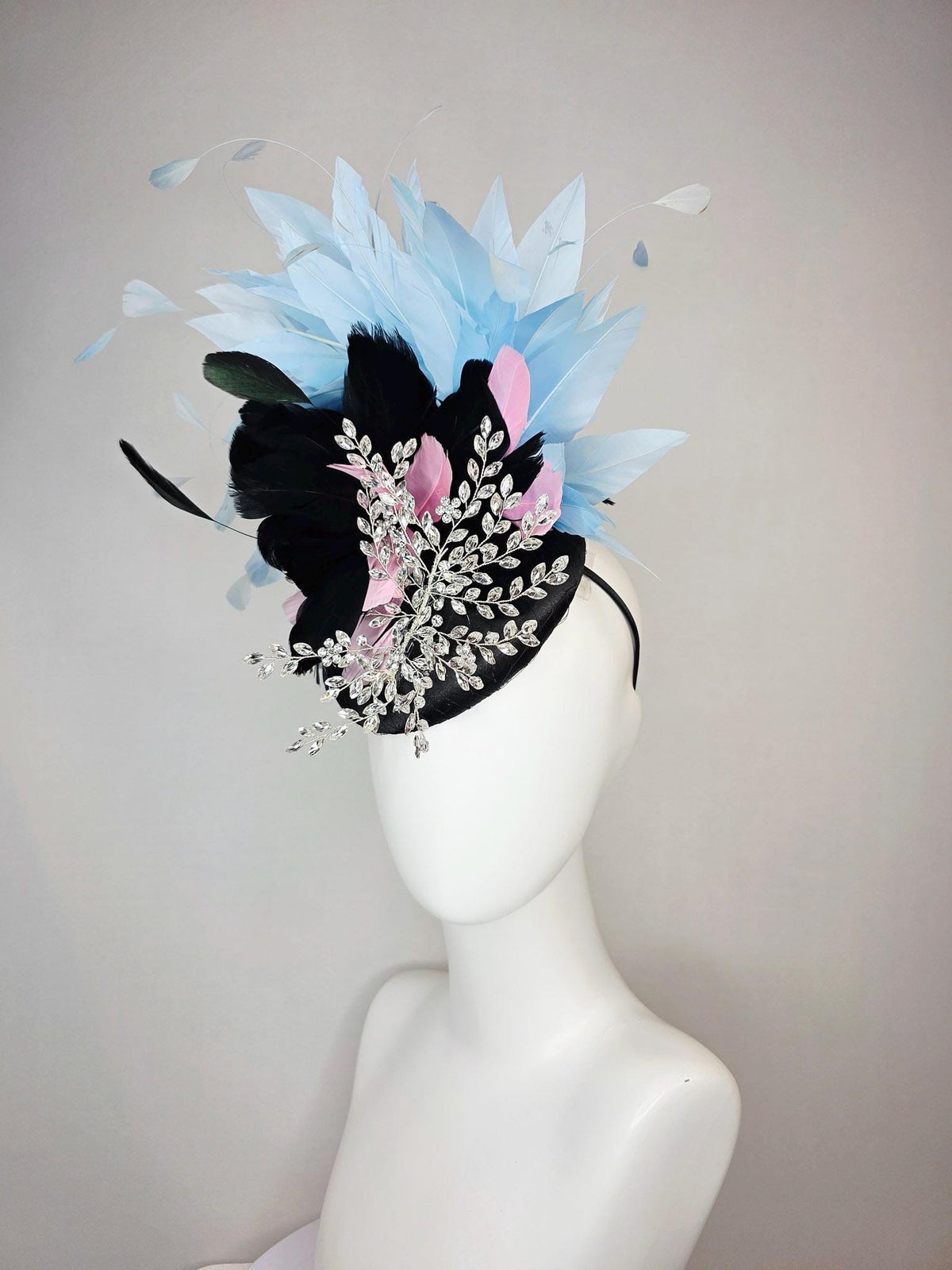kentucky derby hat fascinator black satin with netting leaf vine crystal clear rhinestone black light pink and baby blue branching feathers
