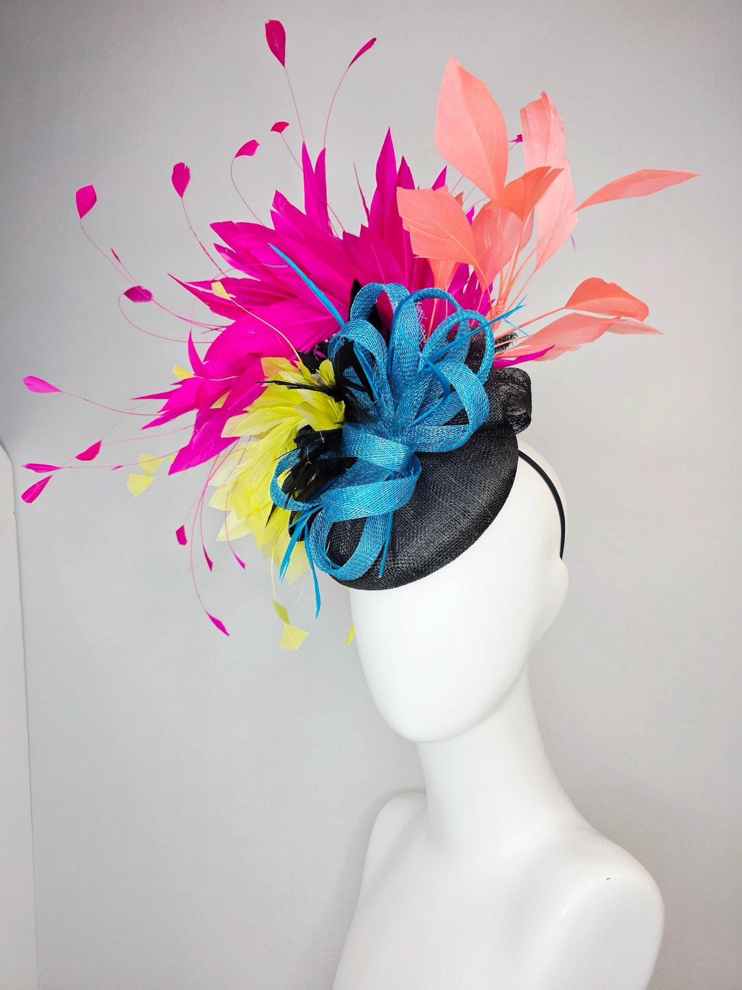 kentucky derby hat fascinator colorful black sinamay with turquoise blue sinamay bow and black yellow peach orange and hot pink feathers