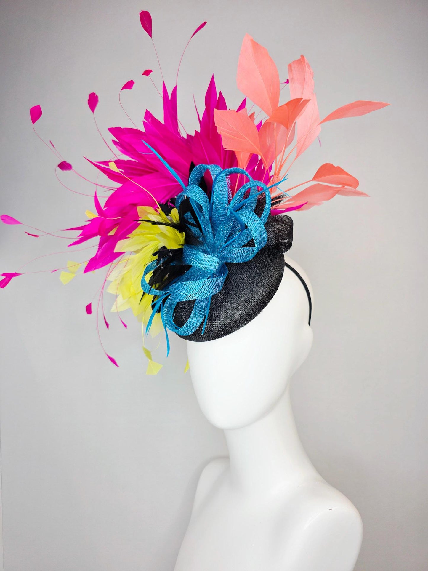 kentucky derby hat fascinator colorful black sinamay with turquoise blue sinamay bow and black yellow peach orange and hot pink feathers