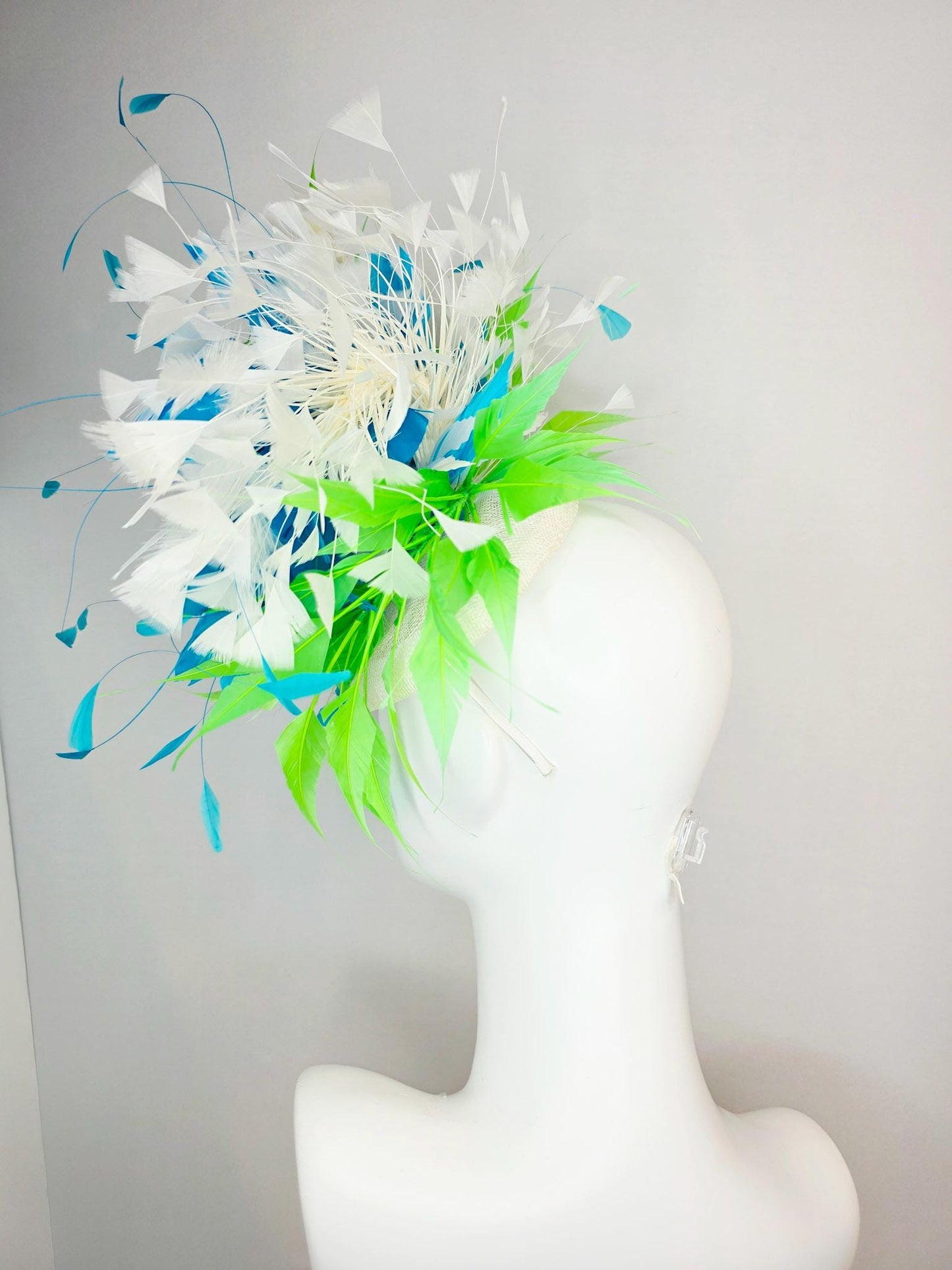 kentucky derby hat fascinator white light mint feather flower with turquoise blue lime green and white branching feathers