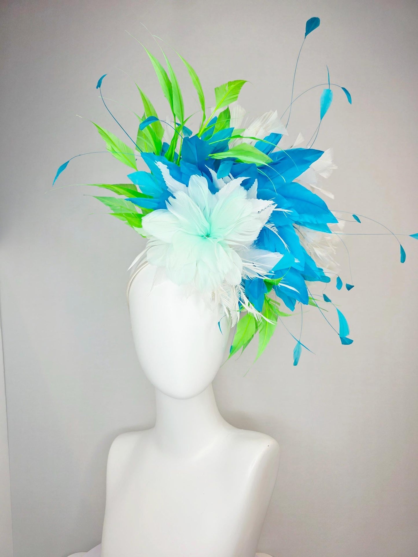 kentucky derby hat fascinator white light mint feather flower with turquoise blue lime green and white branching feathers
