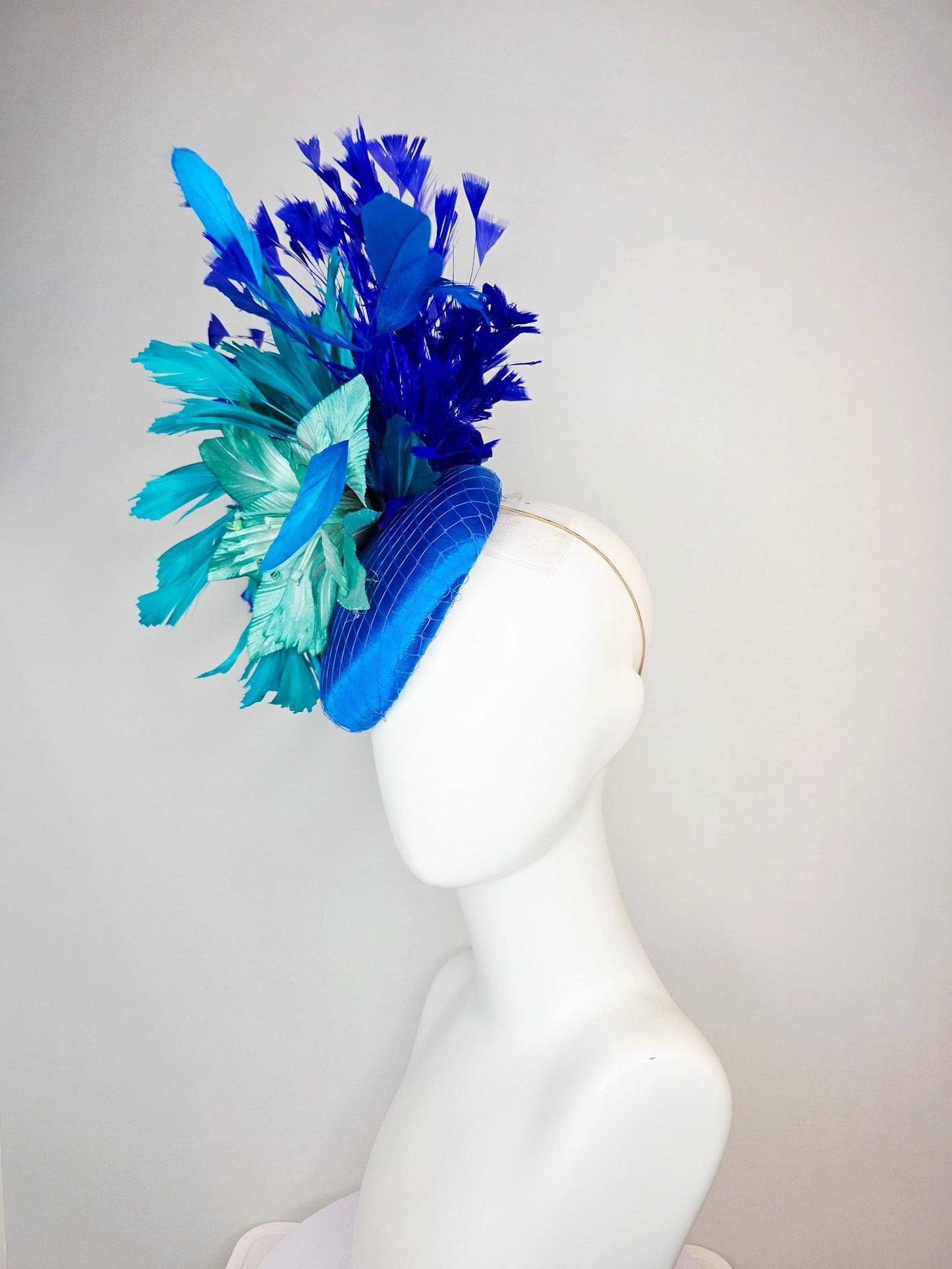 kentucky derby hat fascinator cobalt blue satin with netting teal blue ombre satin flower teal turquoise royal blue branching feathers