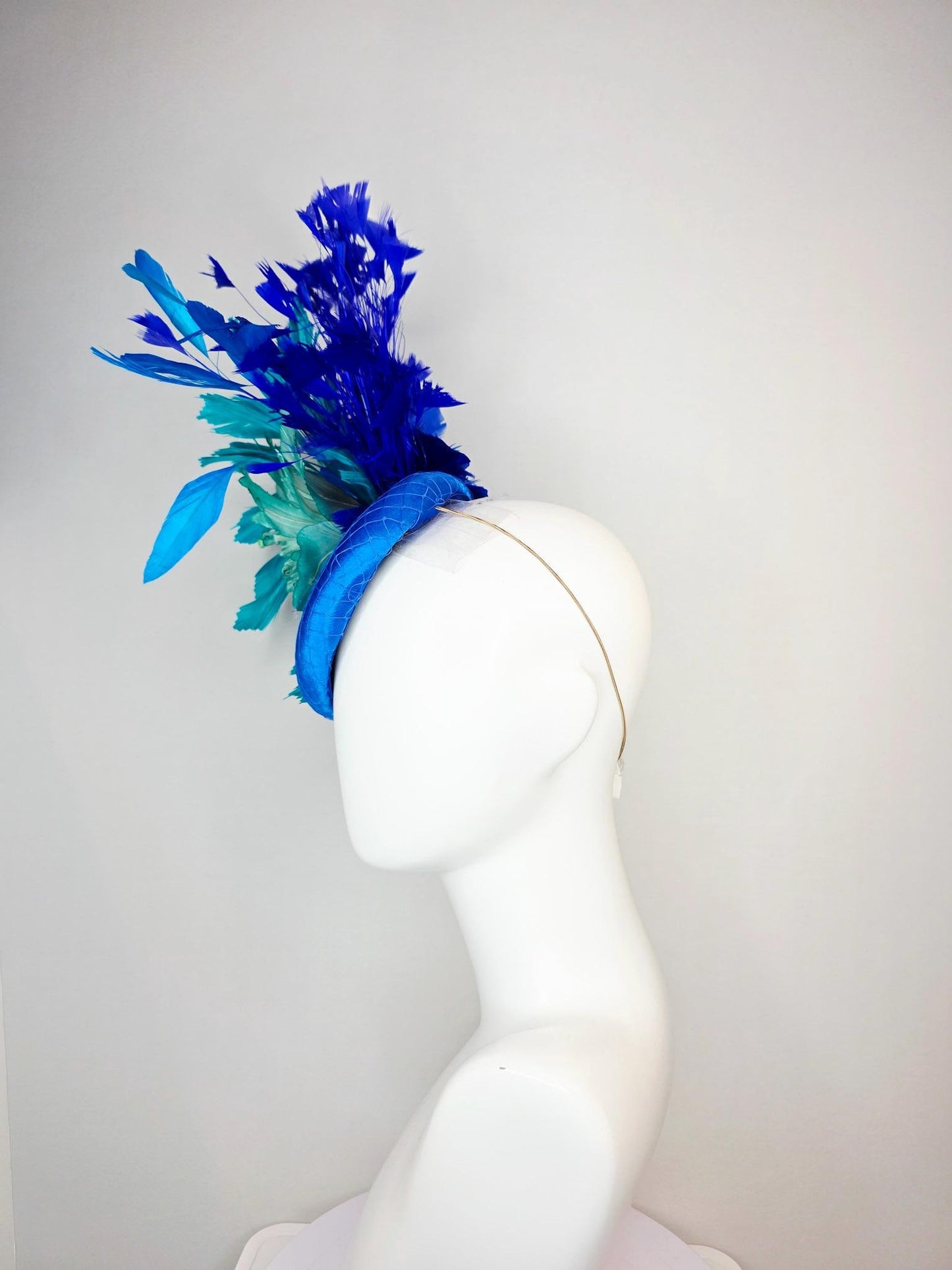 kentucky derby hat fascinator cobalt blue satin with netting teal blue ombre satin flower teal turquoise royal blue branching feathers