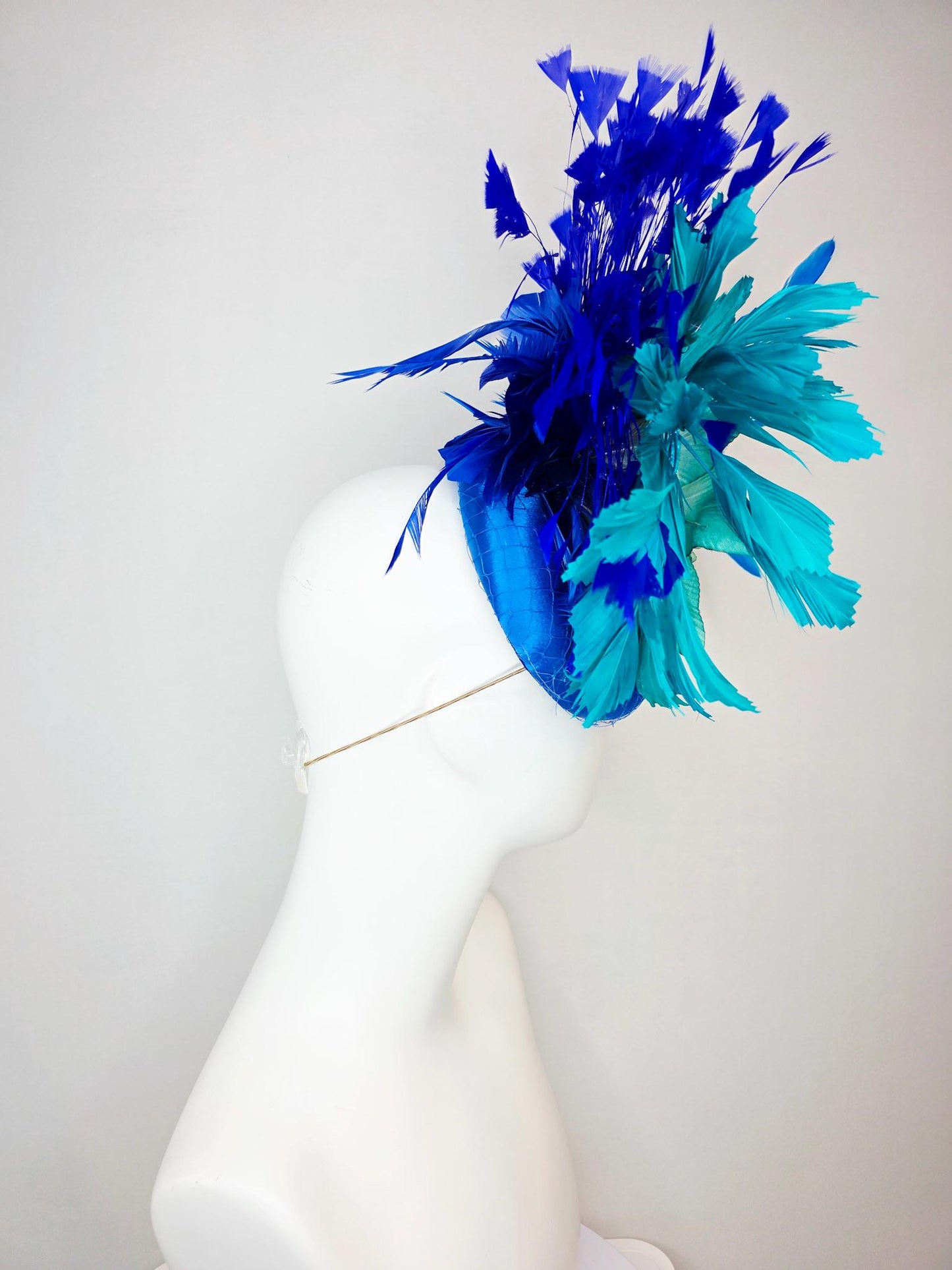 kentucky derby hat fascinator cobalt blue satin with netting teal blue ombre satin flower teal turquoise royal blue branching feathers