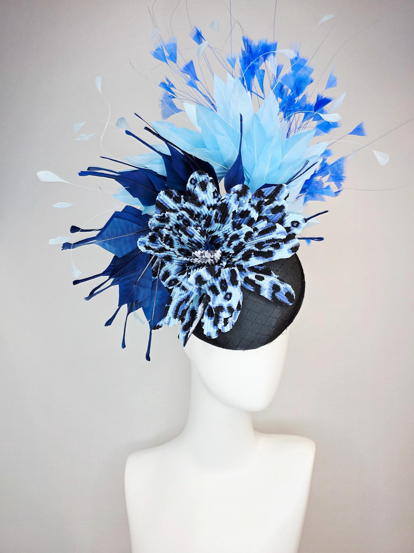 kentucky derby hat fascinator black satin with netting cheetah leopard black and blue pleated flower navy baby blue sky royal blue feathers