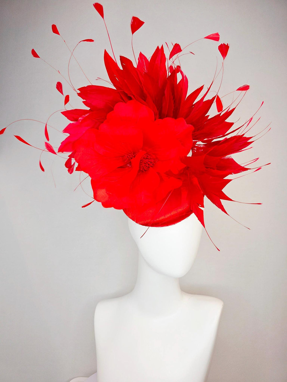kentucky derby hat fascinator scarlet red satin with netting large bright red satin silk flower and scarlet bright red branching feathers