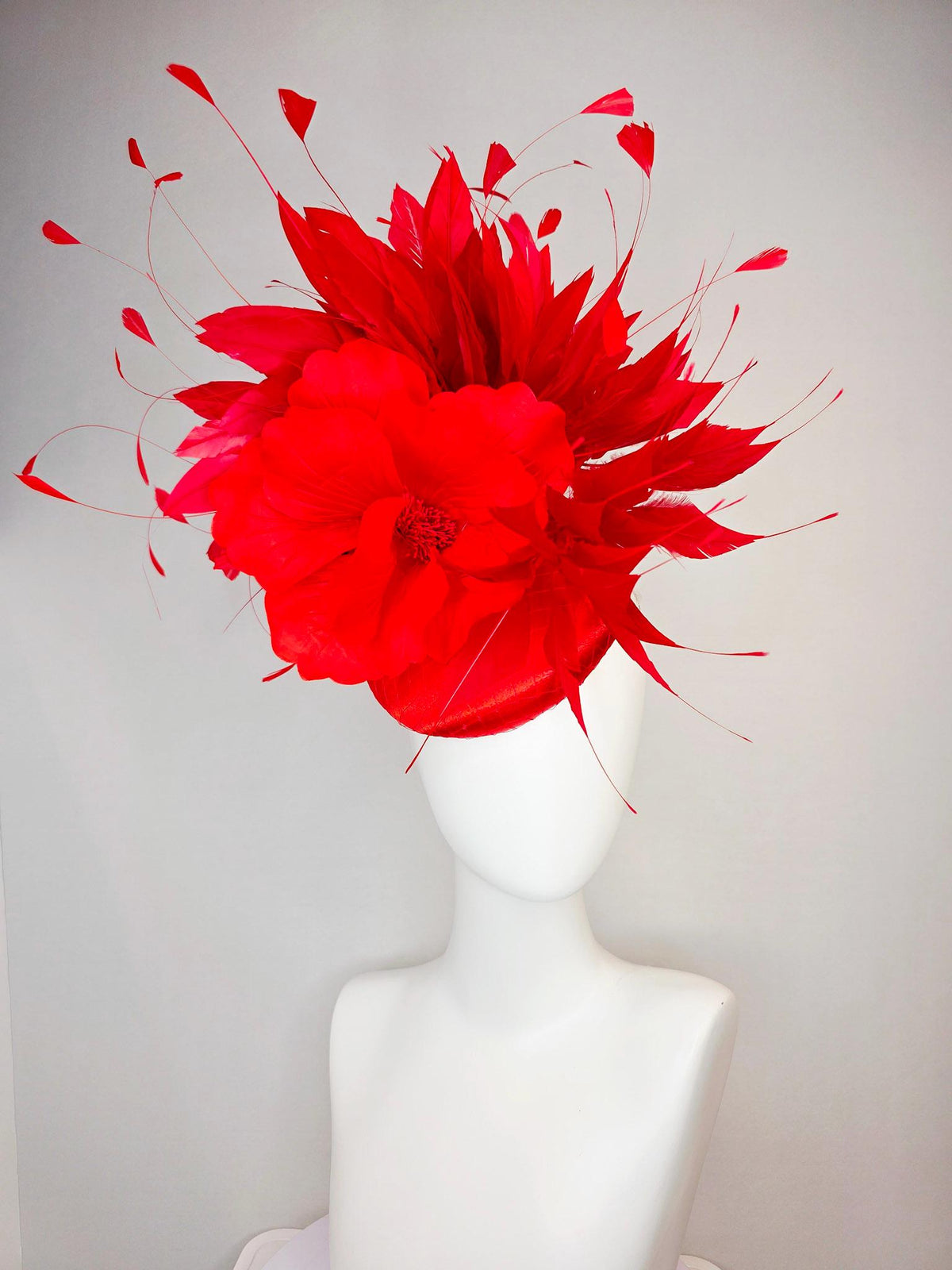 kentucky derby hat fascinator scarlet red satin with netting large bright red satin silk flower and scarlet bright red branching feathers