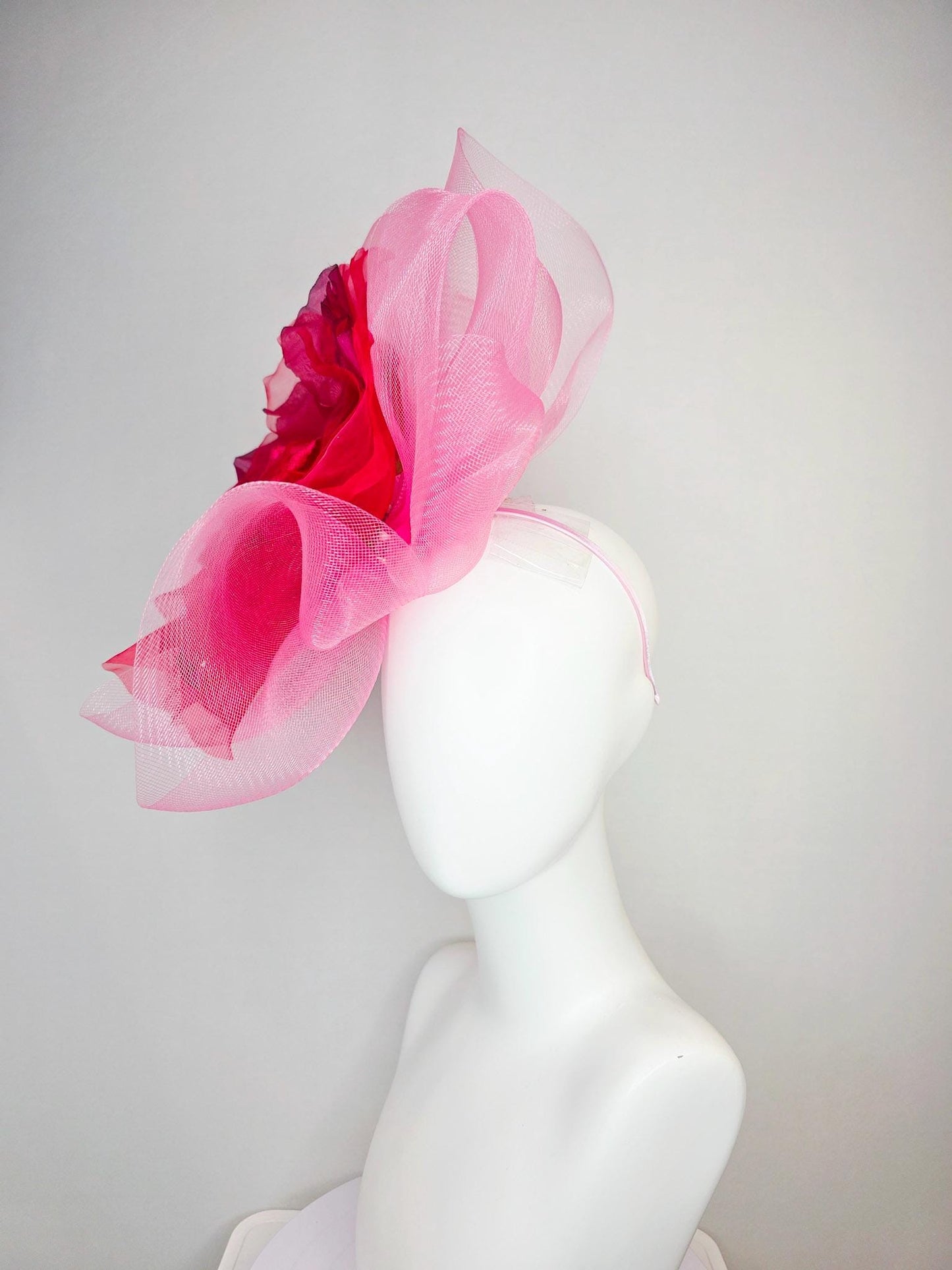 kentucky derby hat fascinator light baby pink crinoline ruffle base with large wine red organza satin flower