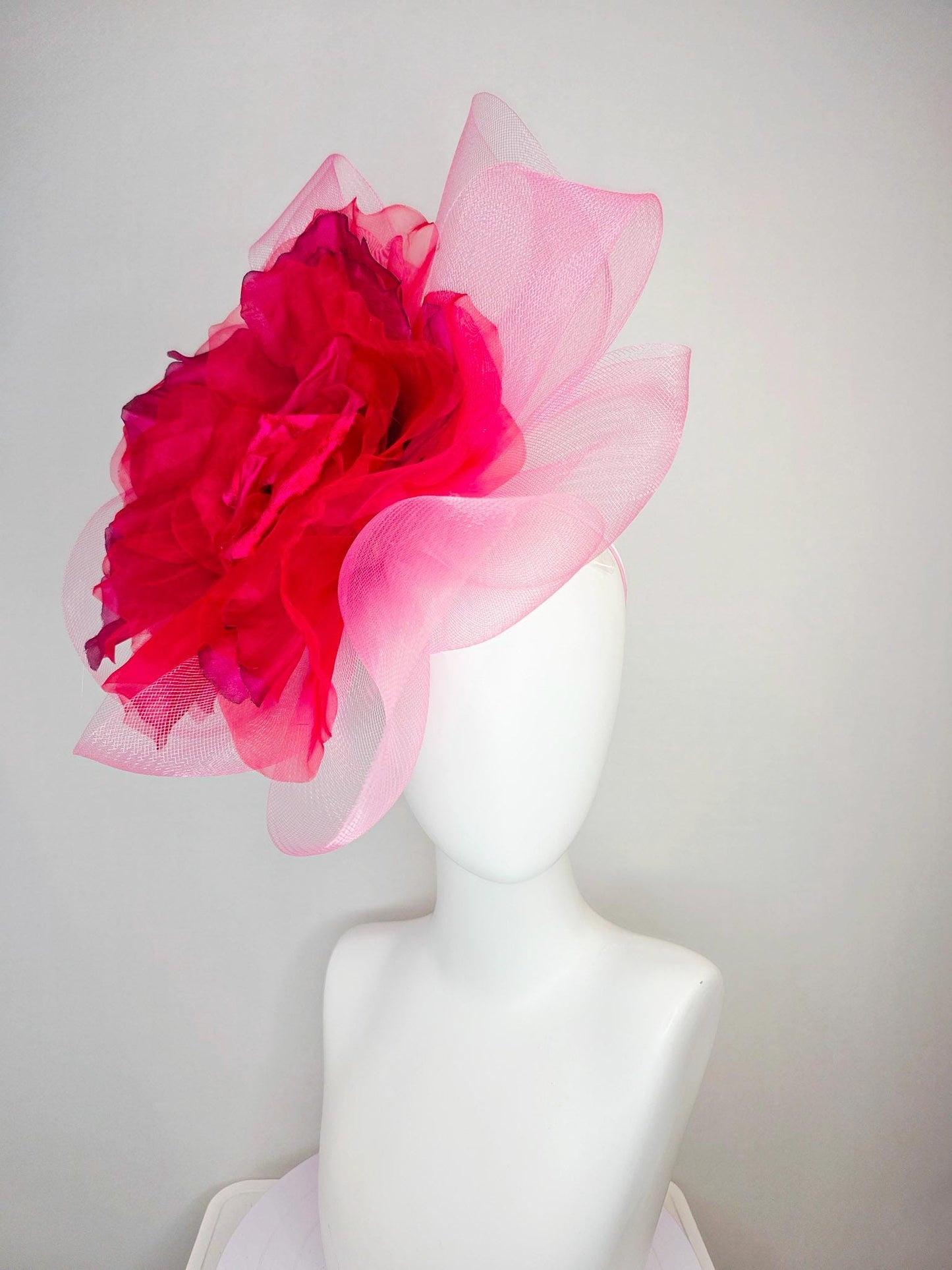 kentucky derby hat fascinator light baby pink crinoline ruffle base with large wine red organza satin flower