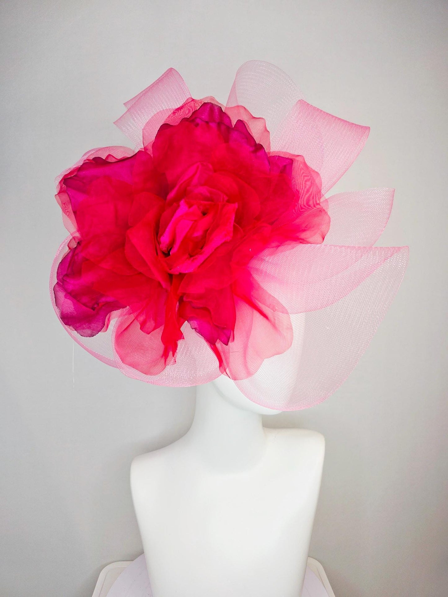 kentucky derby hat fascinator light baby pink crinoline ruffle base with large wine red organza satin flower