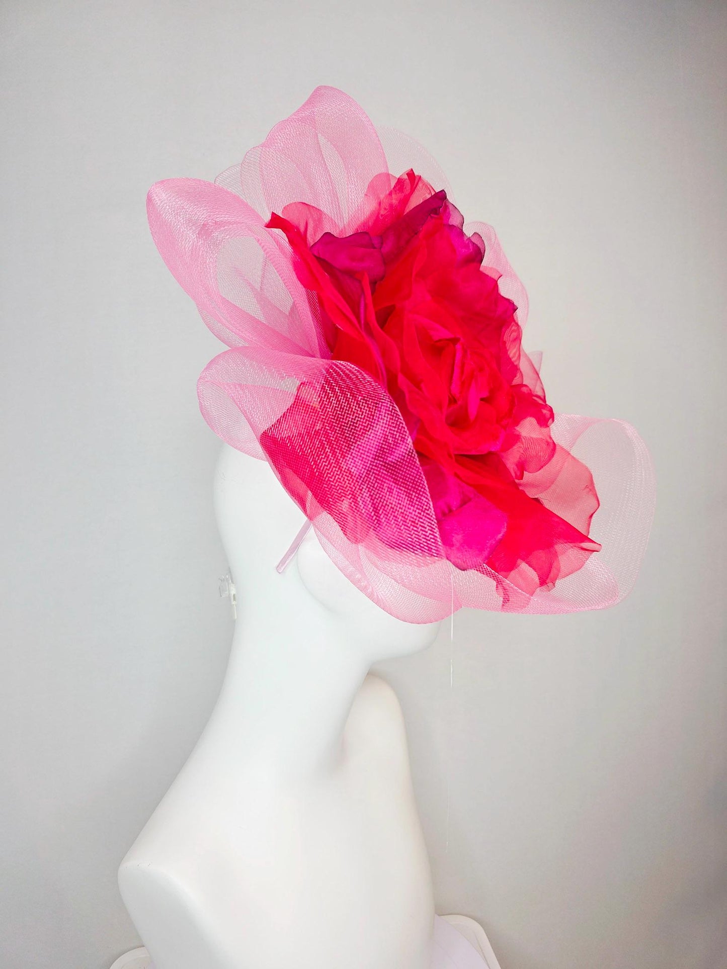 kentucky derby hat fascinator light baby pink crinoline ruffle base with large wine red organza satin flower