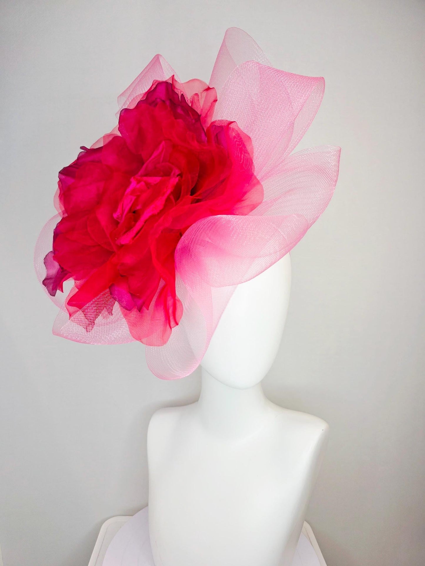 kentucky derby hat fascinator light baby pink crinoline ruffle base with large wine red organza satin flower