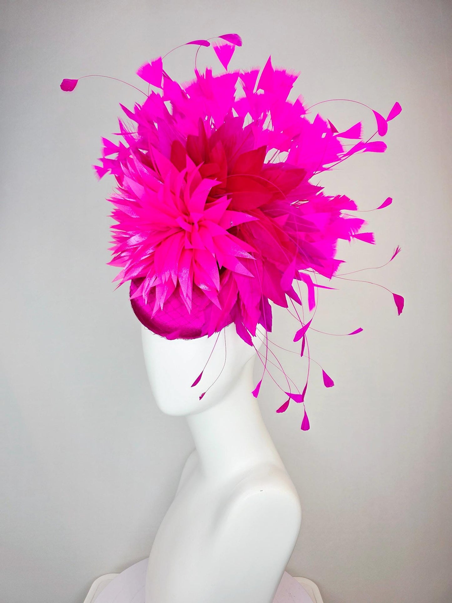 kentucky derby hat fascinator hot pink fuchsia satin with netting fluffy bright fuchsia pink feathers and hot pink fuchsia branching feather