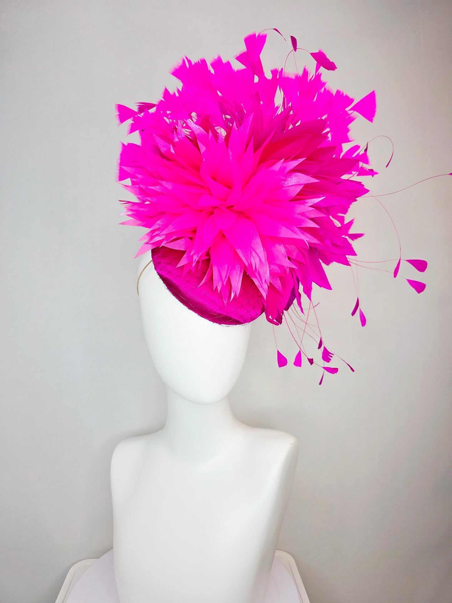 kentucky derby hat fascinator hot pink fuchsia satin with netting fluffy bright fuchsia pink feathers and hot pink fuchsia branching feather