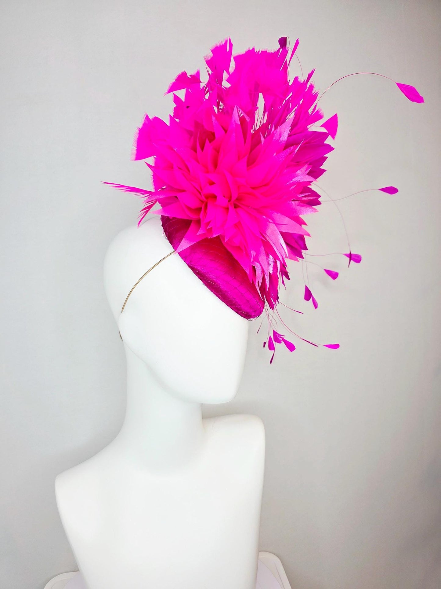 kentucky derby hat fascinator hot pink fuchsia satin with netting fluffy bright fuchsia pink feathers and hot pink fuchsia branching feather