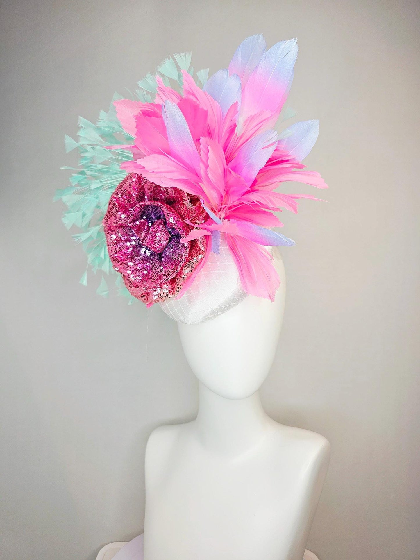 kentucky derby hat fascinator white satin with netting with pink sequin flower blush pink lavender purple mint green aqua blue feathers