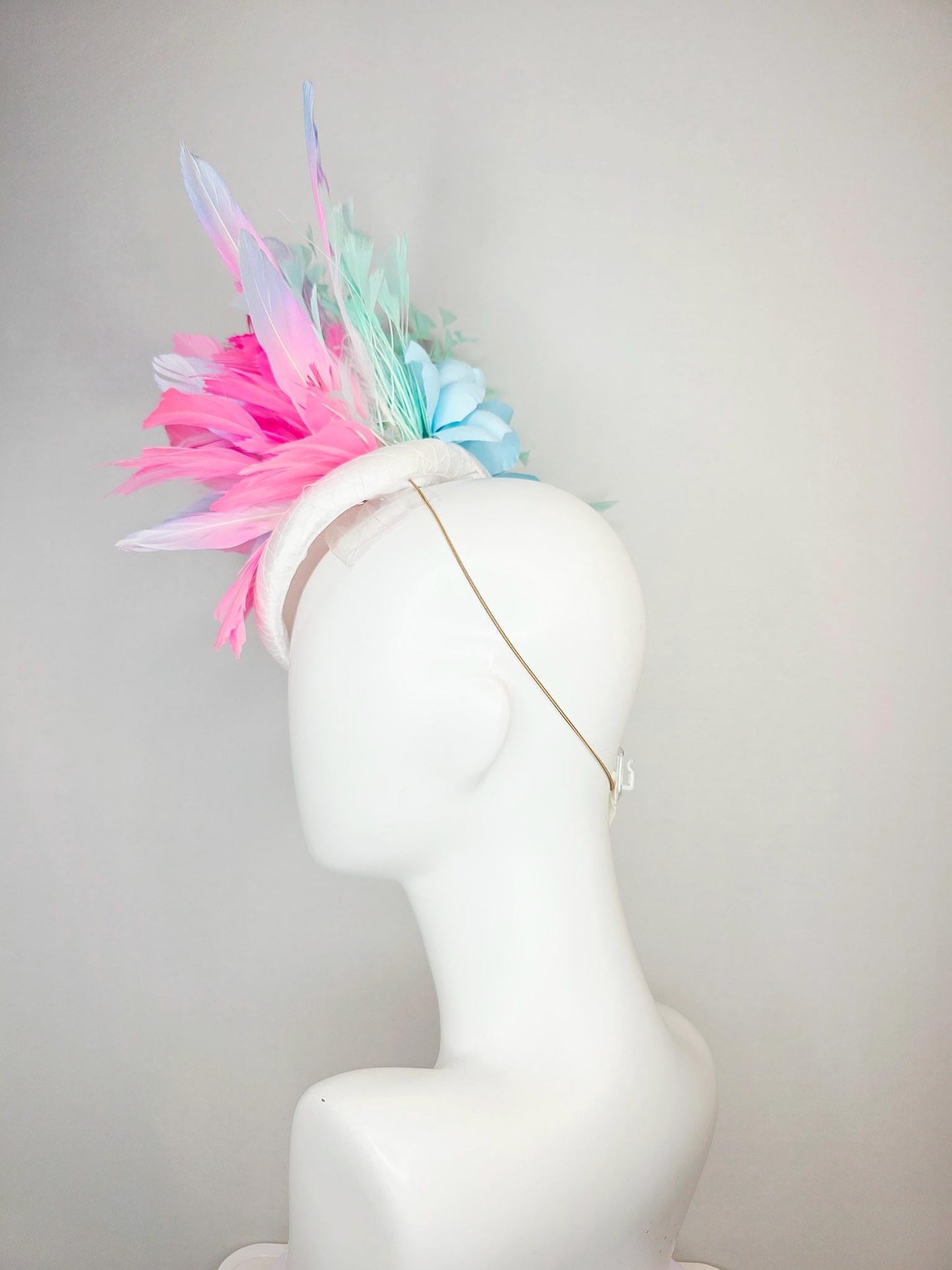 kentucky derby hat fascinator white satin with netting with pink sequin flower blush pink lavender purple mint green aqua blue feathers
