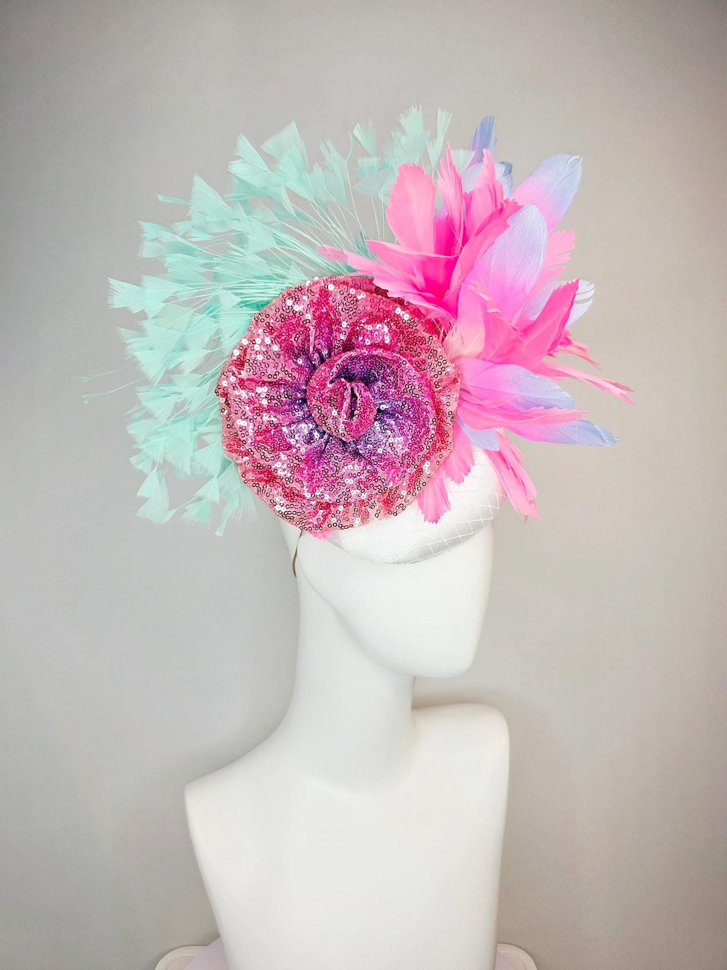 kentucky derby hat fascinator white satin with netting with pink sequin flower blush pink lavender purple mint green aqua blue feathers