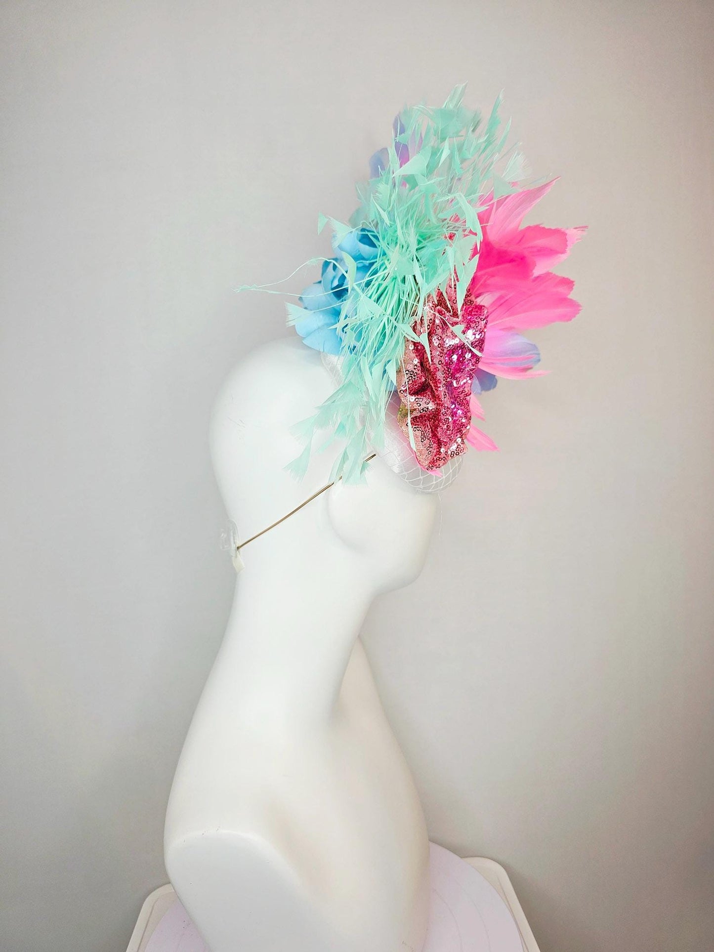 kentucky derby hat fascinator white satin with netting with pink sequin flower blush pink lavender purple mint green aqua blue feathers