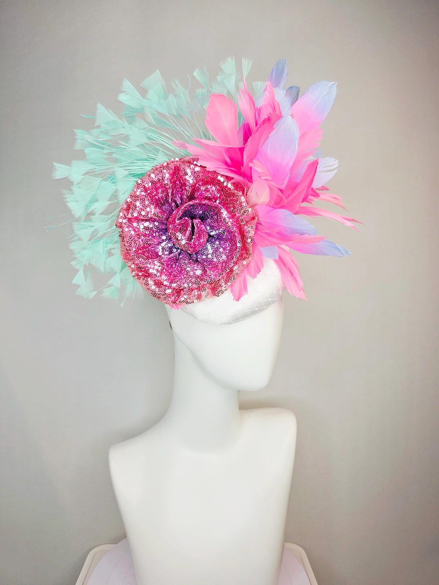 kentucky derby hat fascinator white satin with netting with pink sequin flower blush pink lavender purple mint green aqua blue feathers