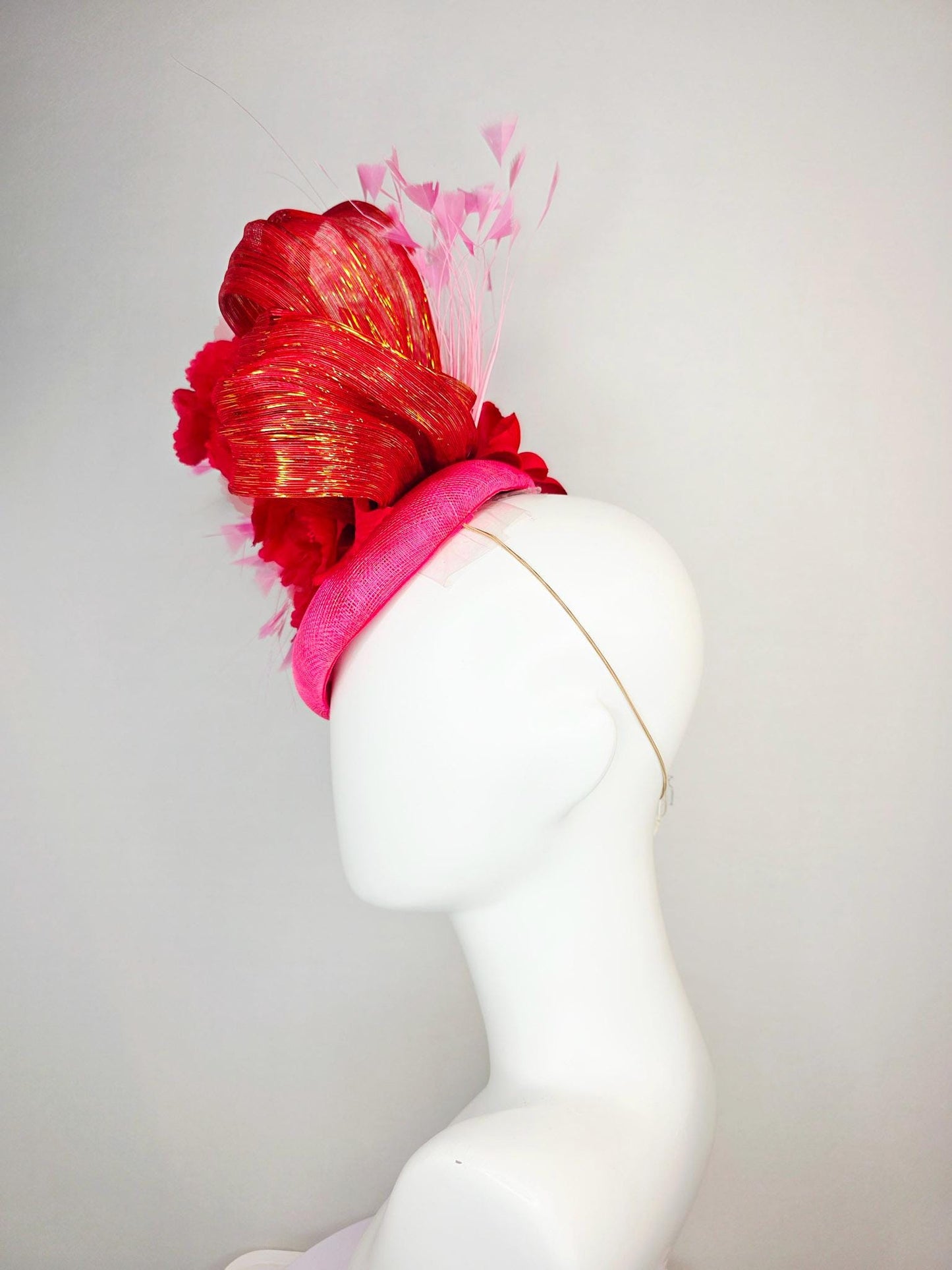 kentucky derby hat fascinator hot pink sinamay with scarlet red satin flowers red metallic silk ribbon and blush pink branching feathers