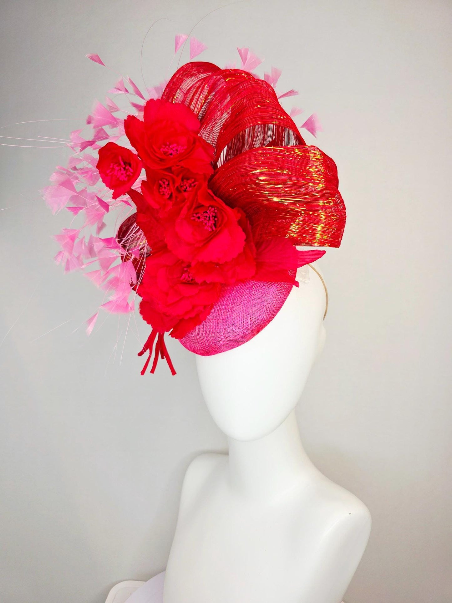 kentucky derby hat fascinator hot pink sinamay with scarlet red satin flowers red metallic silk ribbon and blush pink branching feathers