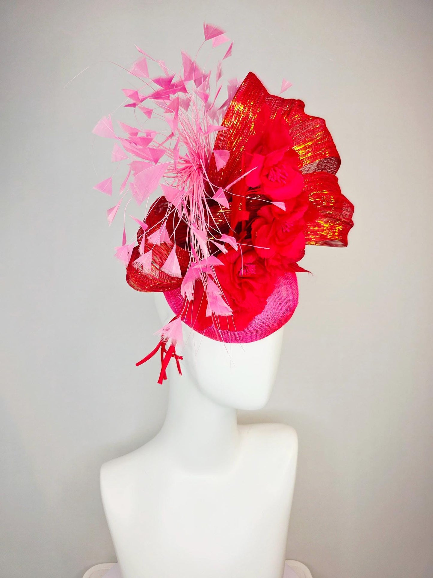 kentucky derby hat fascinator hot pink sinamay with scarlet red satin flowers red metallic silk ribbon and blush pink branching feathers