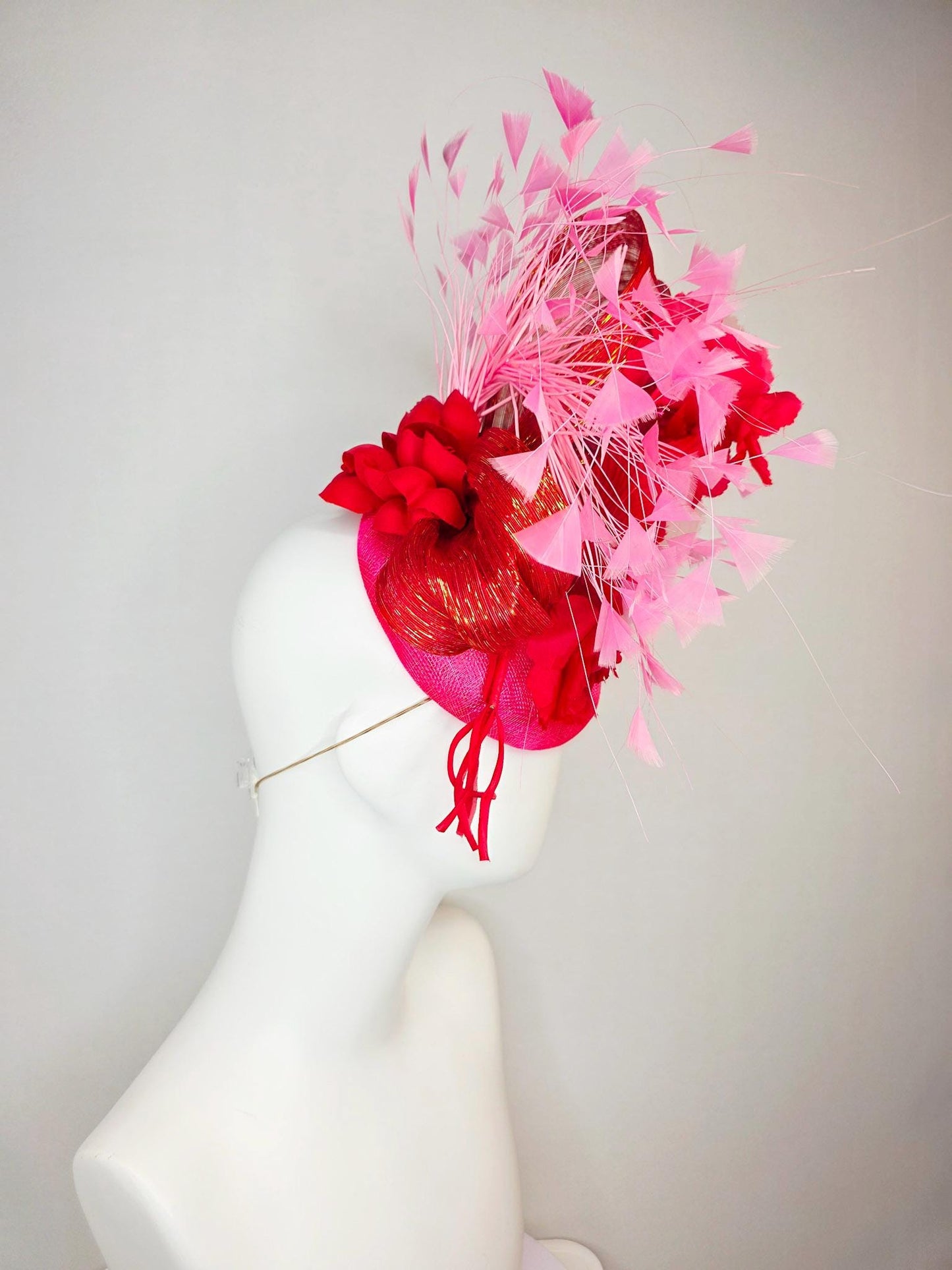 kentucky derby hat fascinator hot pink sinamay with scarlet red satin flowers red metallic silk ribbon and blush pink branching feathers