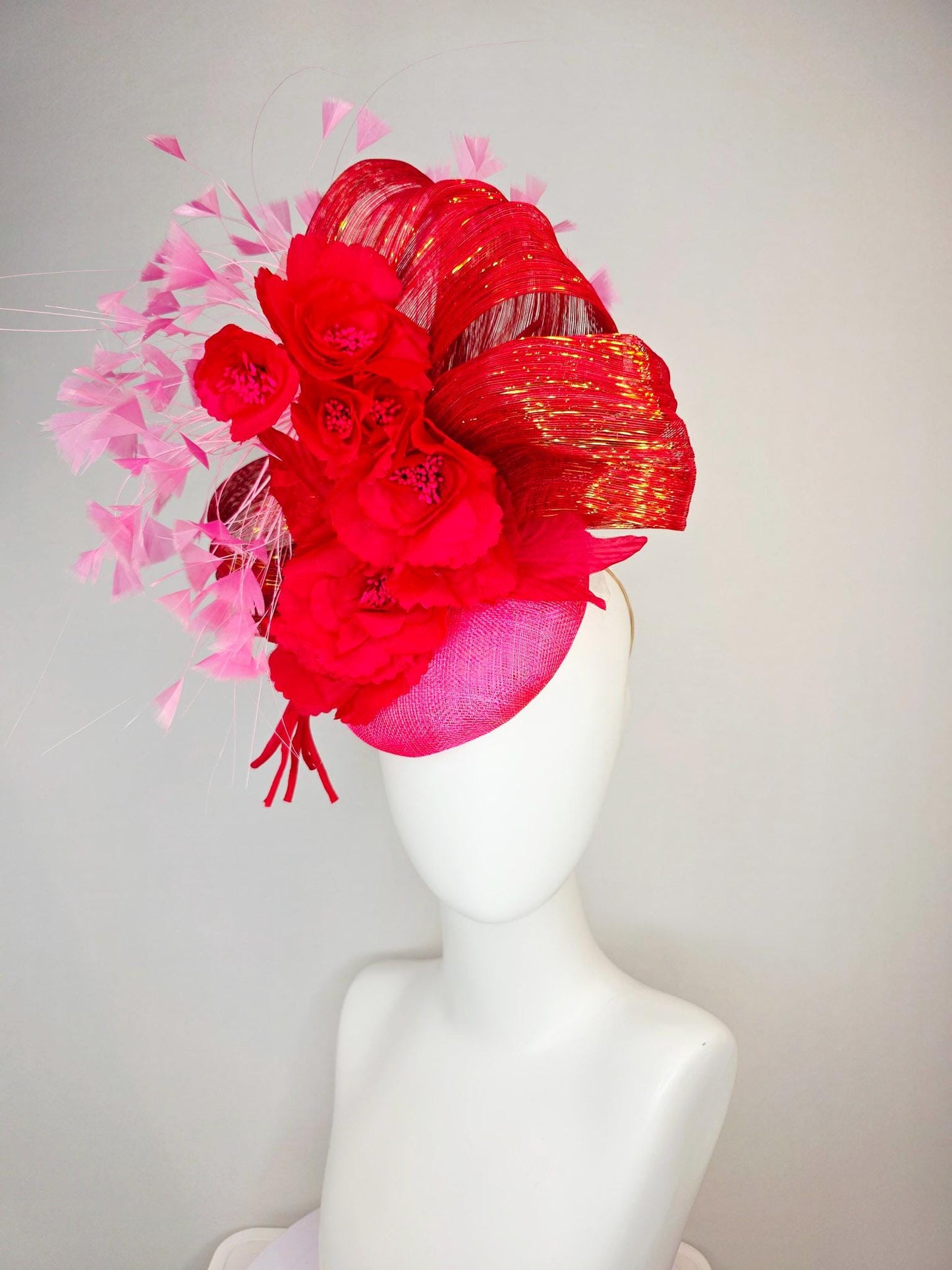 kentucky derby hat fascinator hot pink sinamay with scarlet red satin flowers red metallic silk ribbon and blush pink branching feathers
