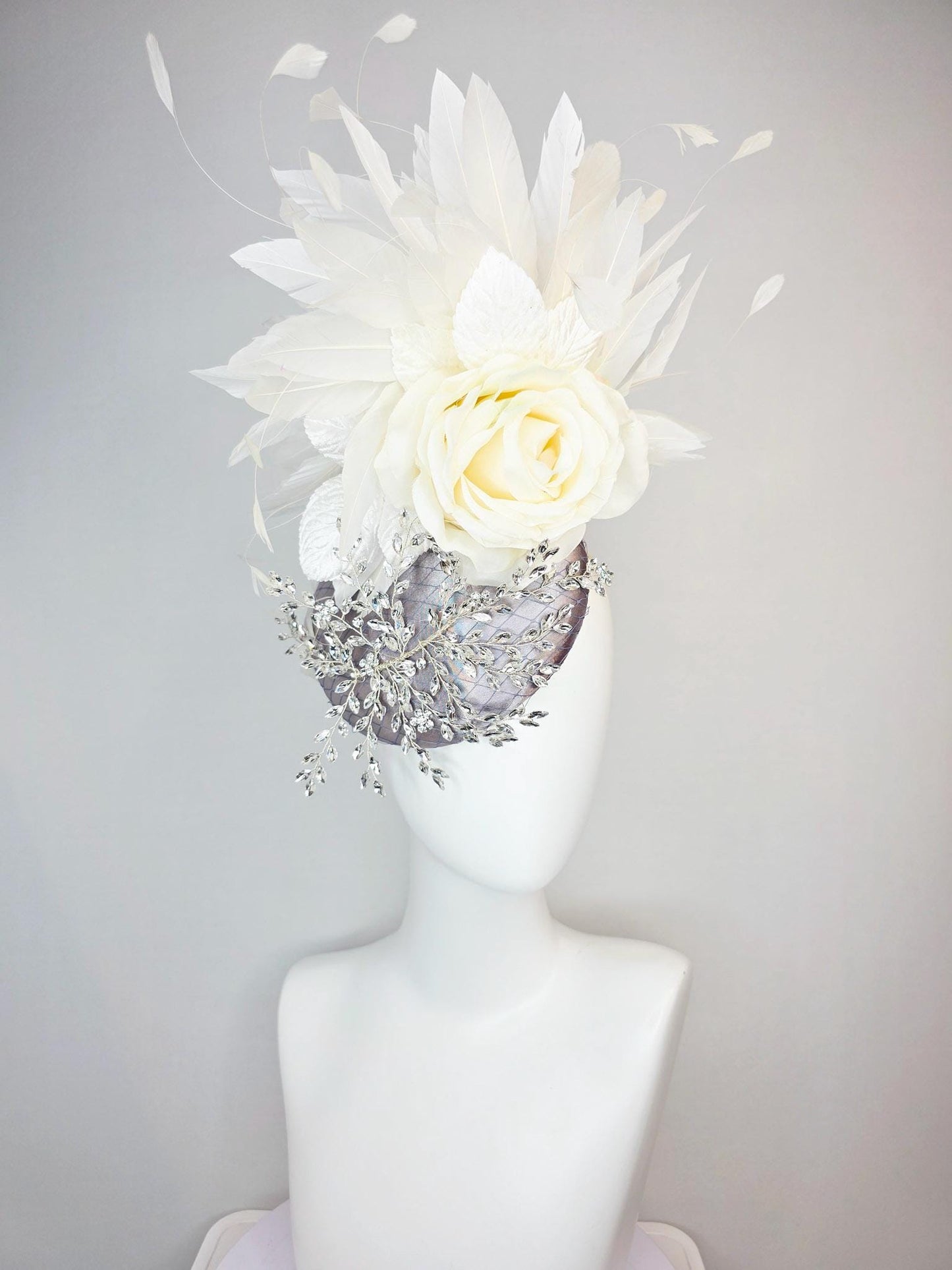 kentucky derby hat fascinator silver gray satin with netting leaf vine crystal clear rhinestone ivory white organza silk rose white feathers