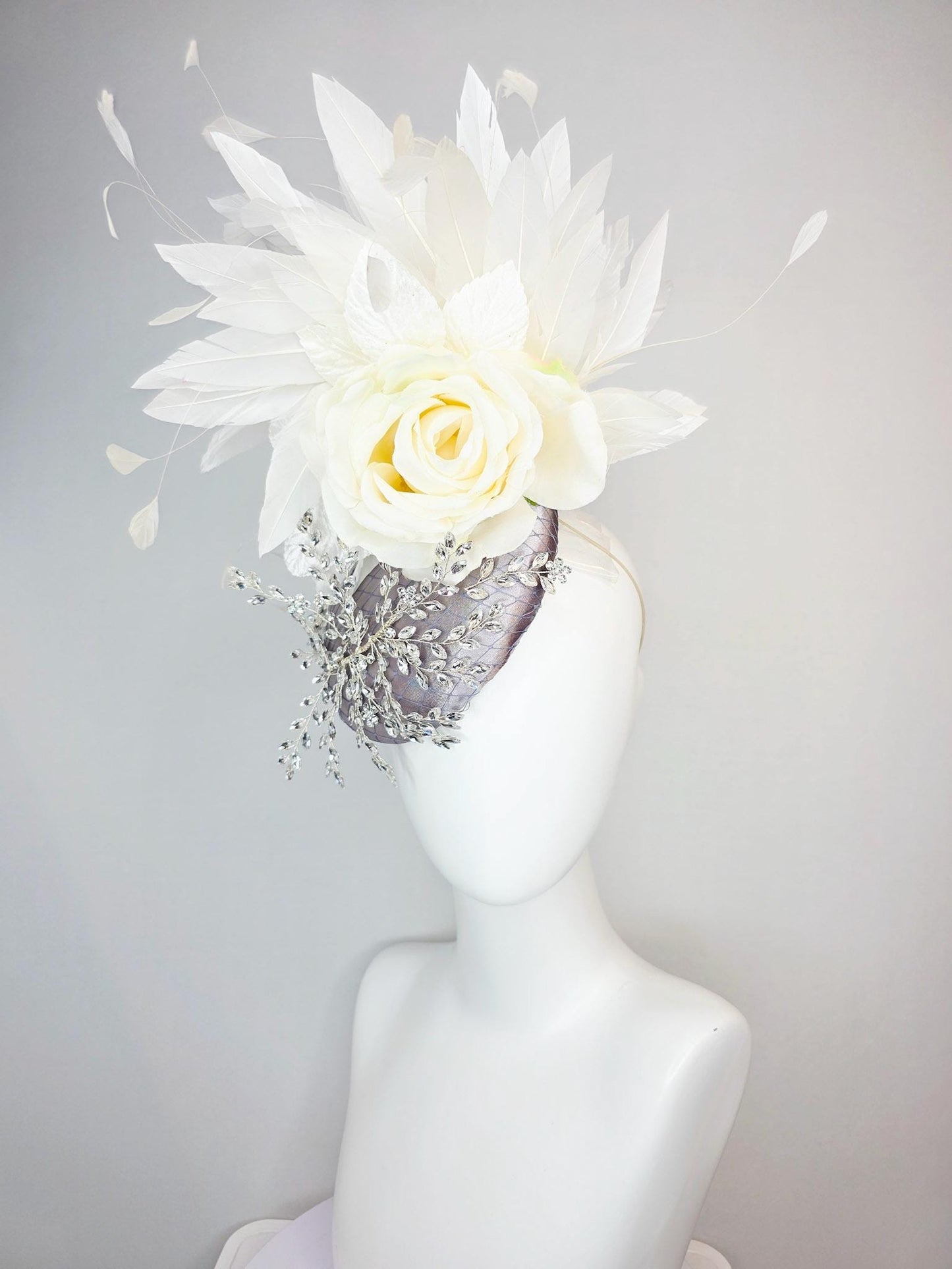 kentucky derby hat fascinator silver gray satin with netting leaf vine crystal clear rhinestone ivory white organza silk rose white feathers