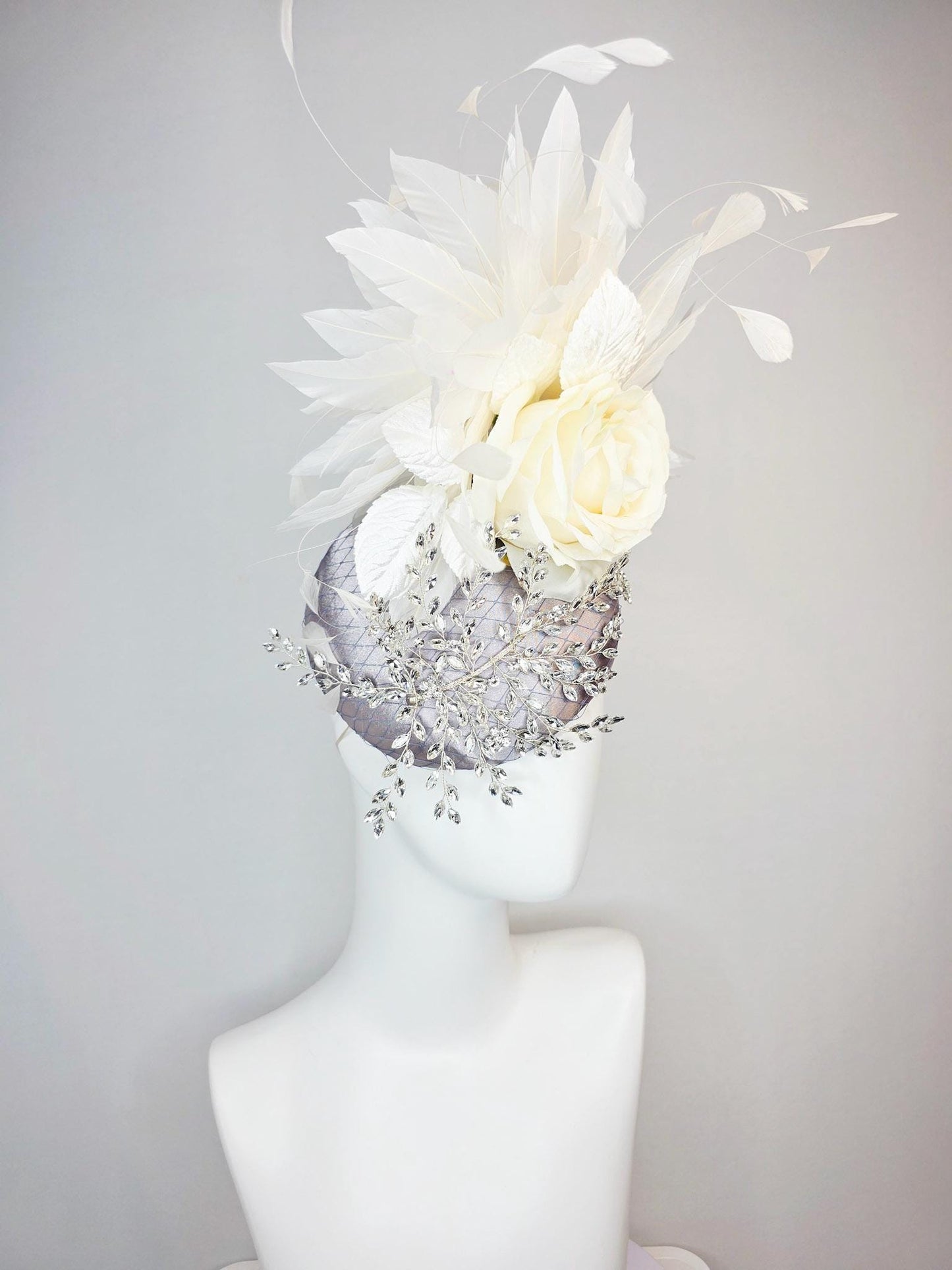 kentucky derby hat fascinator silver gray satin with netting leaf vine crystal clear rhinestone ivory white organza silk rose white feathers