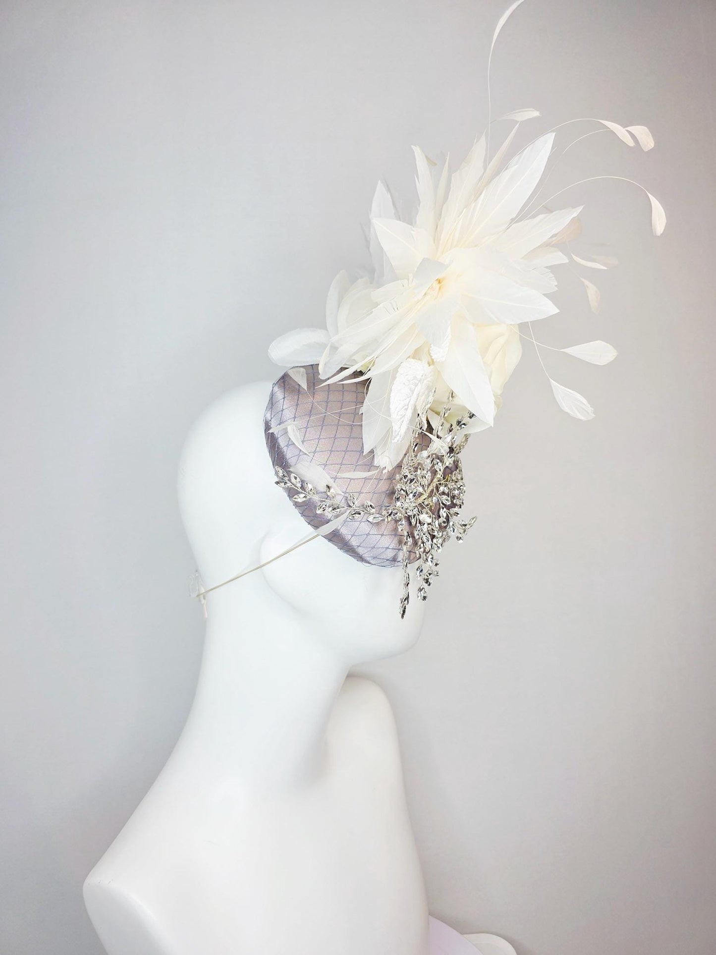 kentucky derby hat fascinator silver gray satin with netting leaf vine crystal clear rhinestone ivory white organza silk rose white feathers