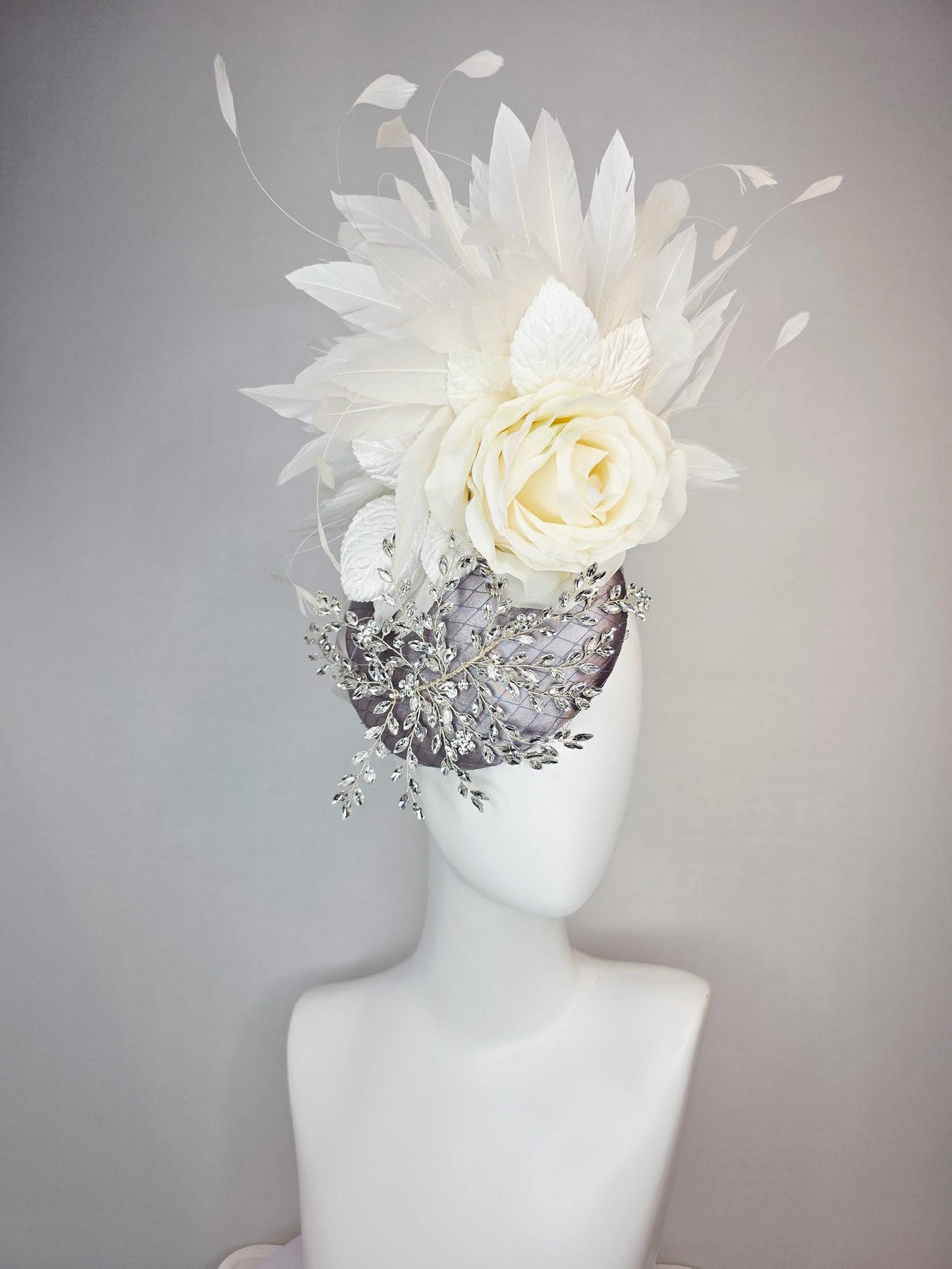 kentucky derby hat fascinator silver gray satin with netting leaf vine crystal clear rhinestone ivory white organza silk rose white feathers