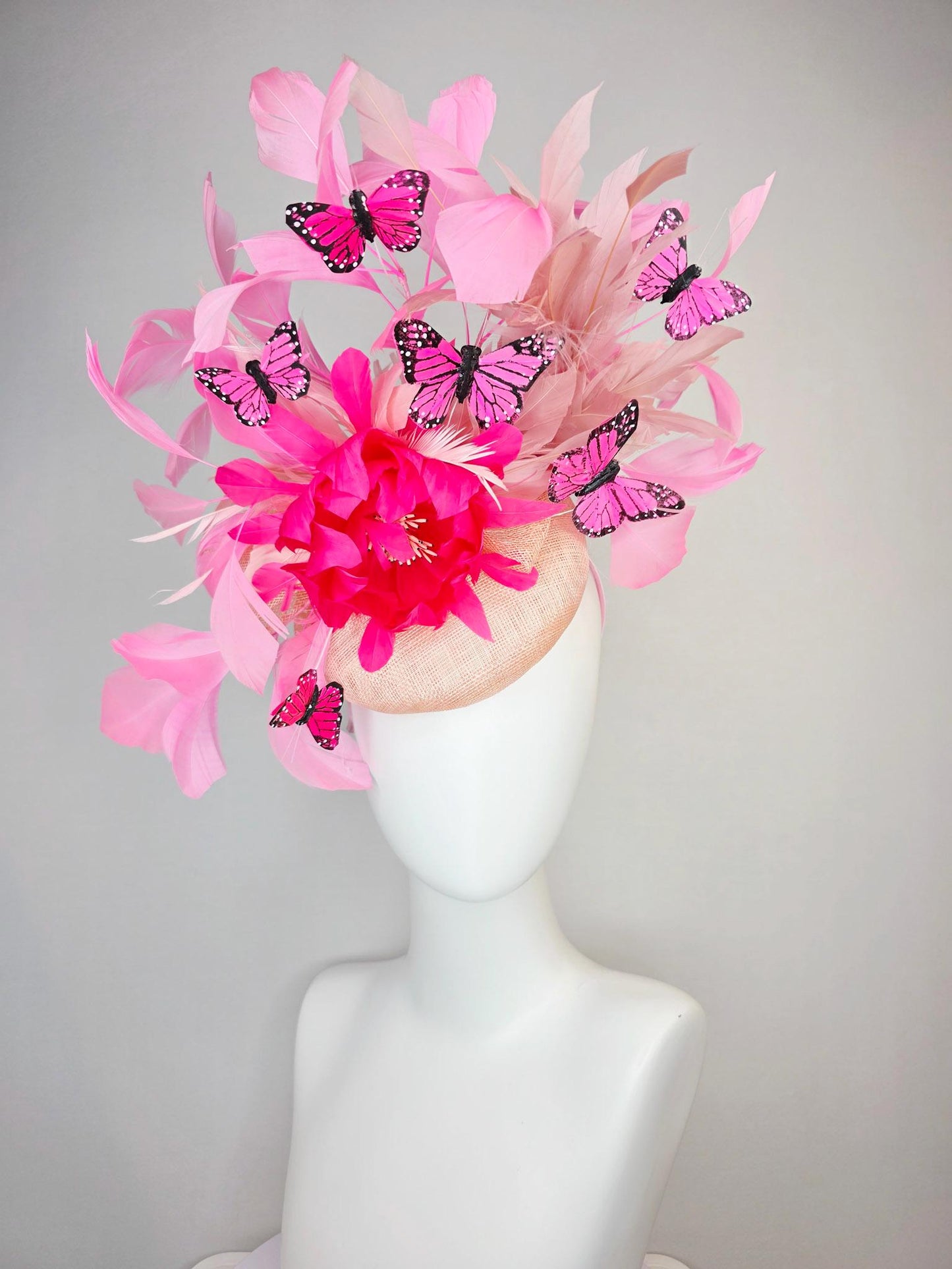 kentucky derby hat fascinator champagne pink sinamay with hot pink feather flower dusty rose and blush pink feathers and pink butterflies