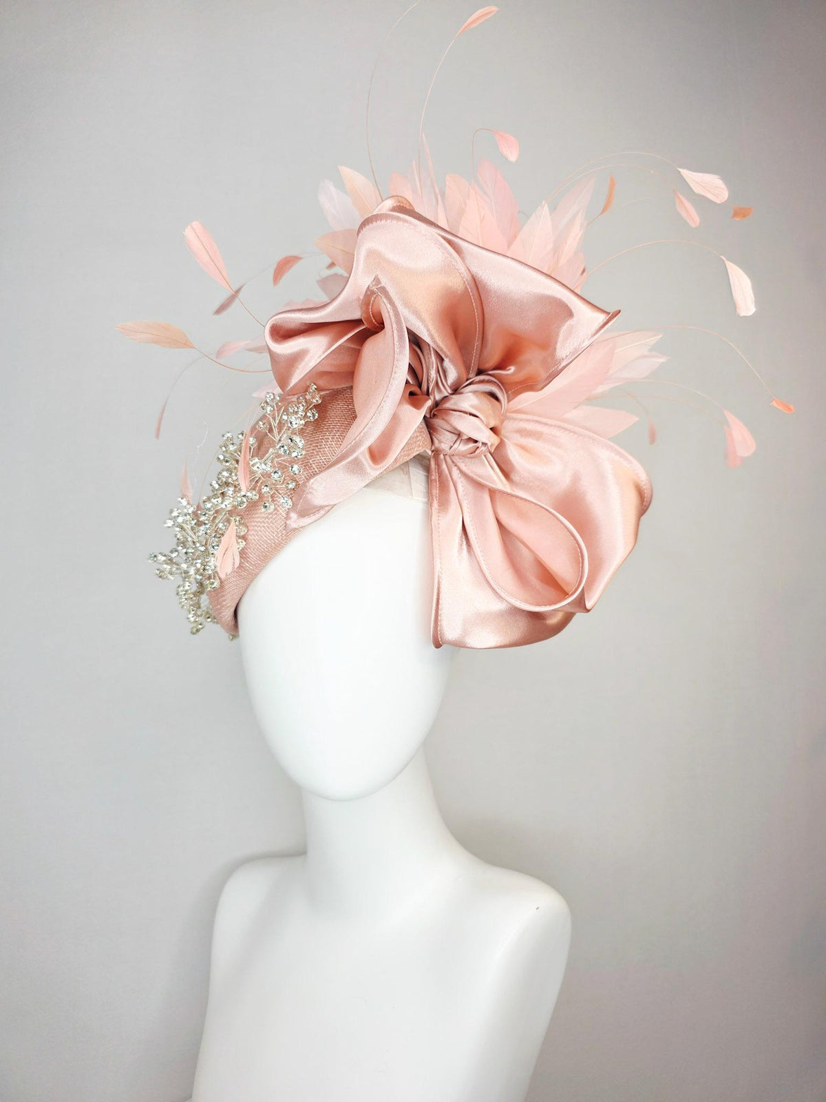 kentucky derby hat fascinator light pink dusty rose sinamay with crystal clear leaf vine large champagne pink satin bow baby pink feathers