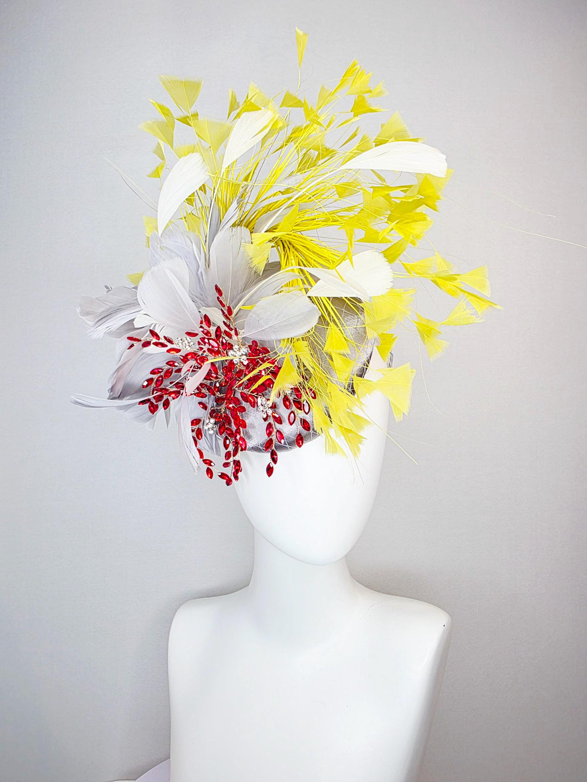 kentucky derby hat fascinator silver gray satin with netting fluffy light gray silver feathers leaf vine crystal red white yellow feathers