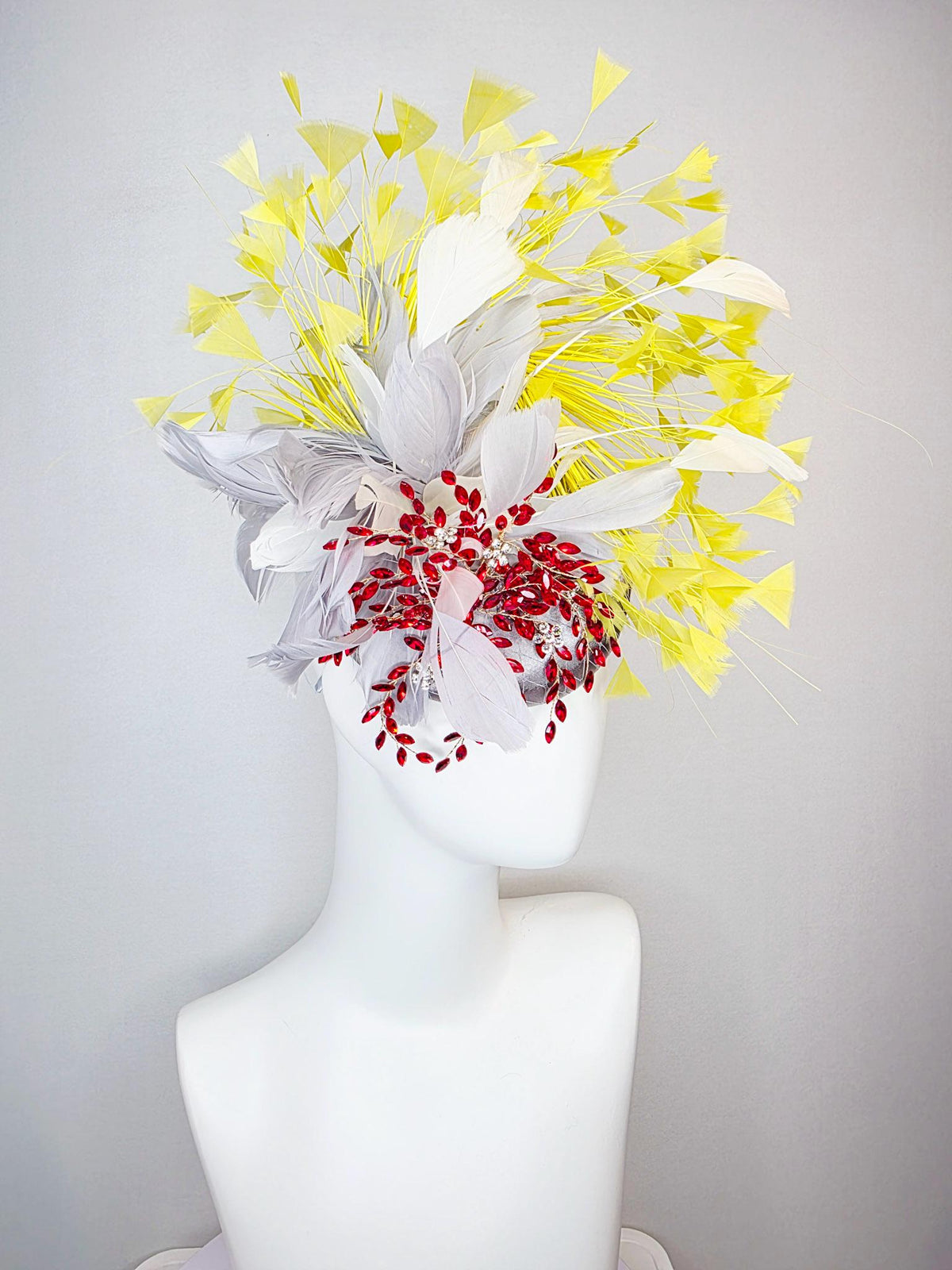 kentucky derby hat fascinator silver gray satin with netting fluffy light gray silver feathers leaf vine crystal red white yellow feathers