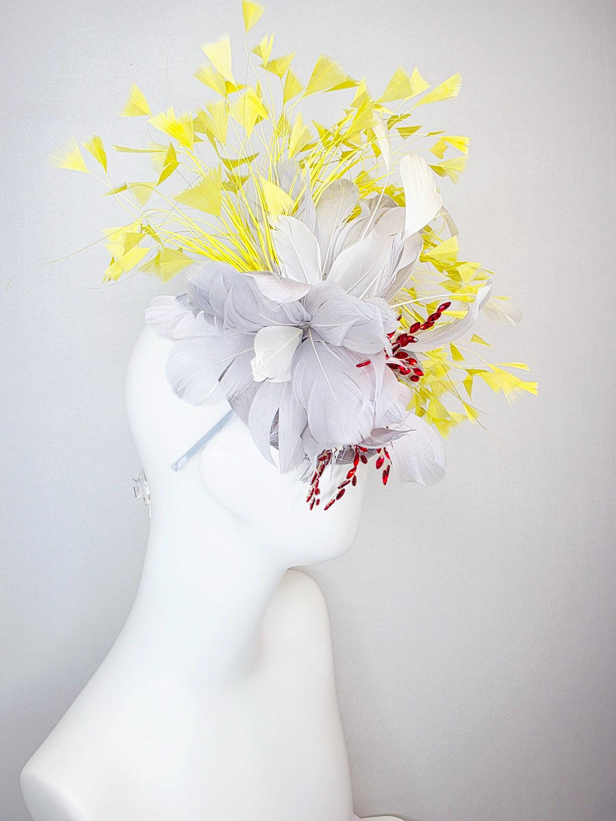 kentucky derby hat fascinator silver gray satin with netting fluffy light gray silver feathers leaf vine crystal red white yellow feathers