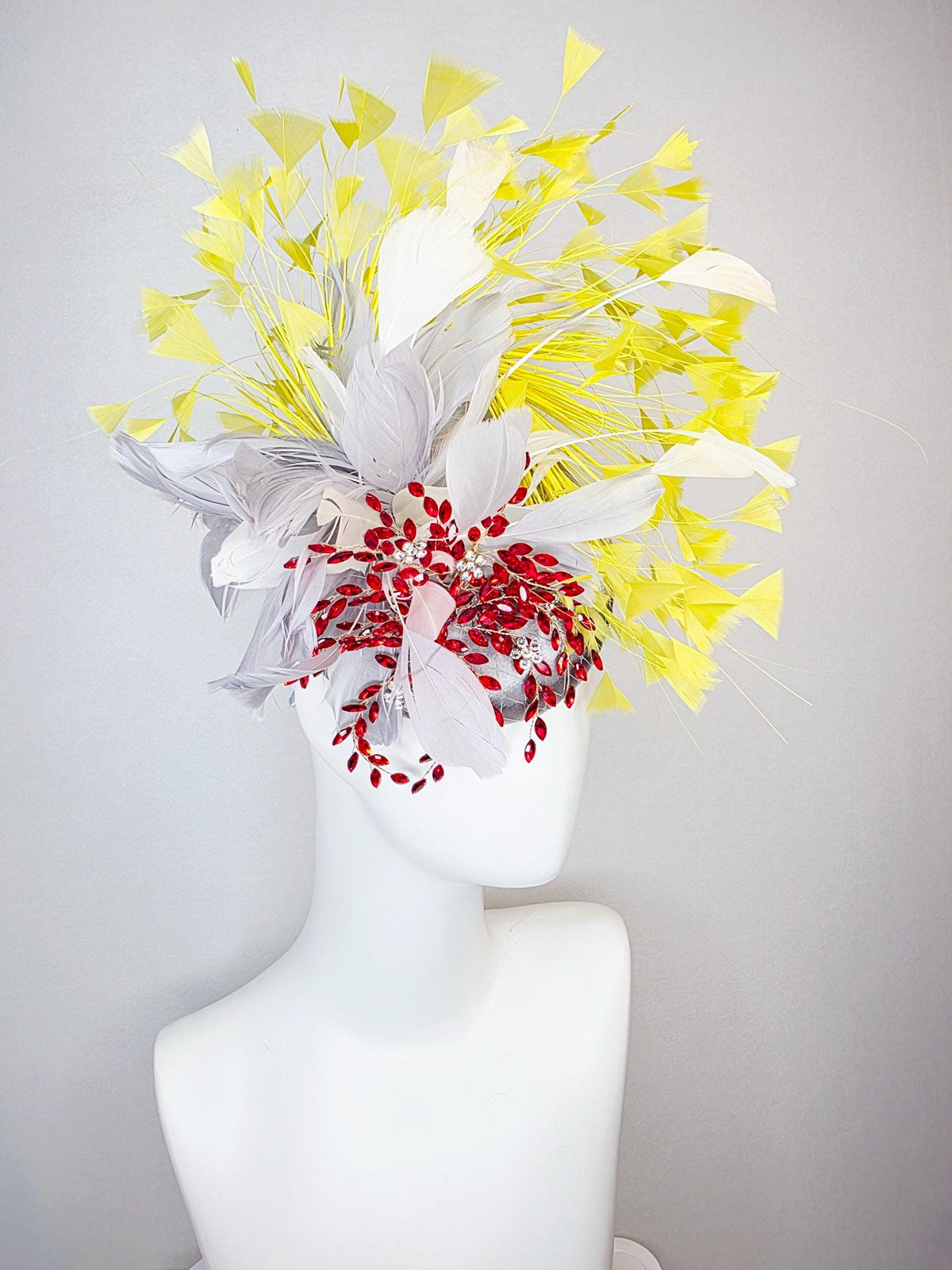 kentucky derby hat fascinator silver gray satin with netting fluffy light gray silver feathers leaf vine crystal red white yellow feathers