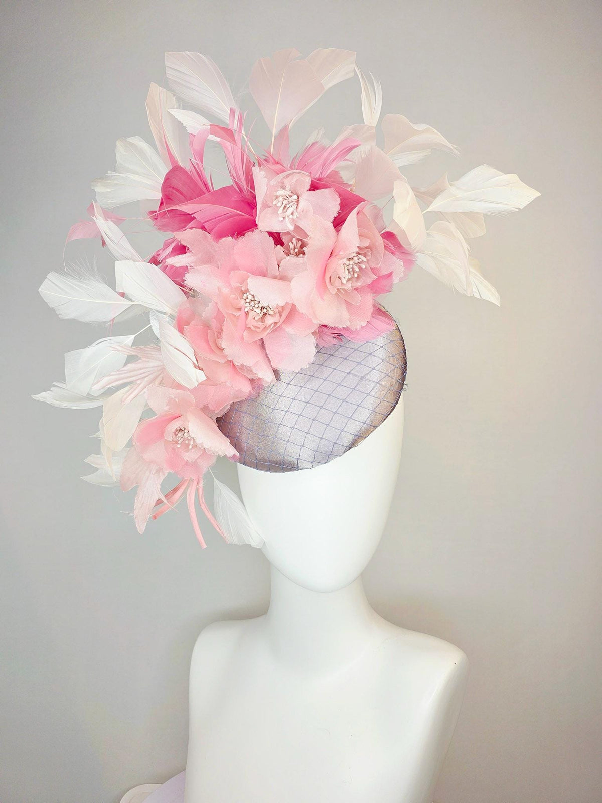 kentucky derby hat fascinator silver gray silk with netting light baby pink organza flowers blush pink and ivory white branching feathers