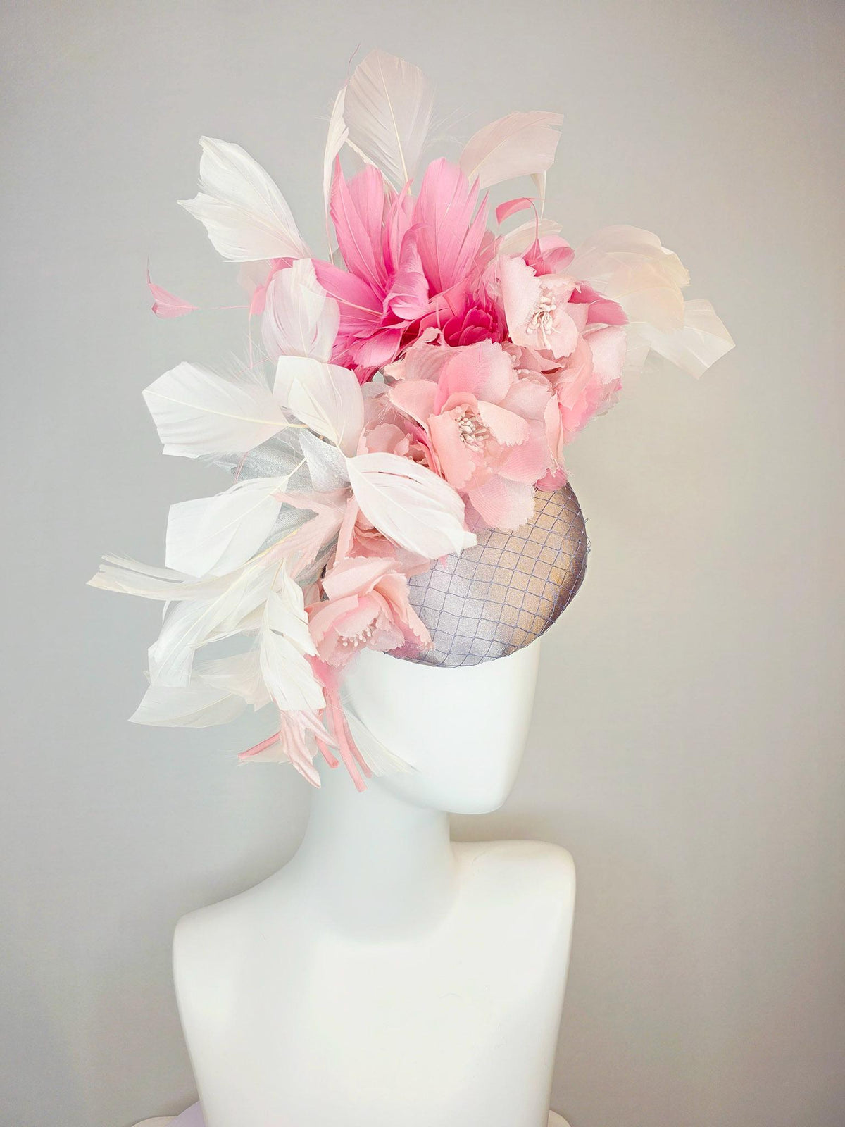 kentucky derby hat fascinator silver gray silk with netting light baby pink organza flowers blush pink and ivory white branching feathers