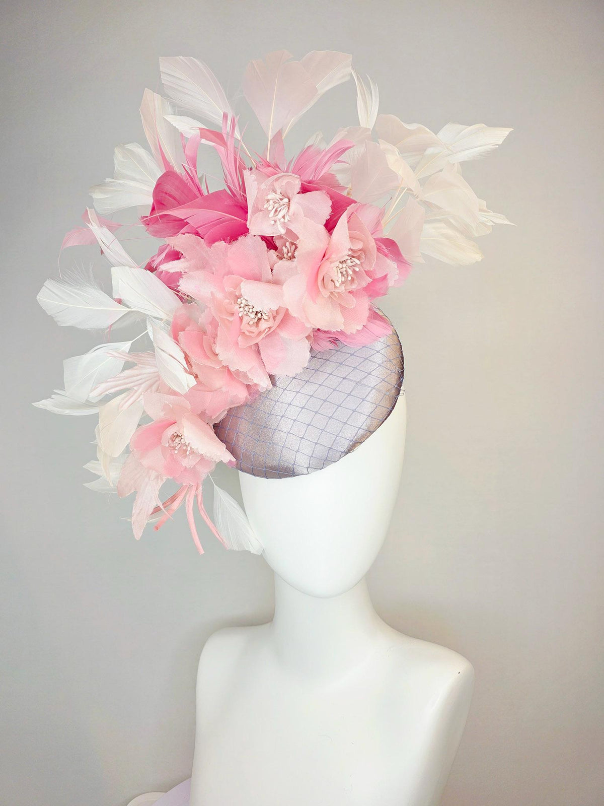 kentucky derby hat fascinator silver gray silk with netting light baby pink organza flowers blush pink and ivory white branching feathers