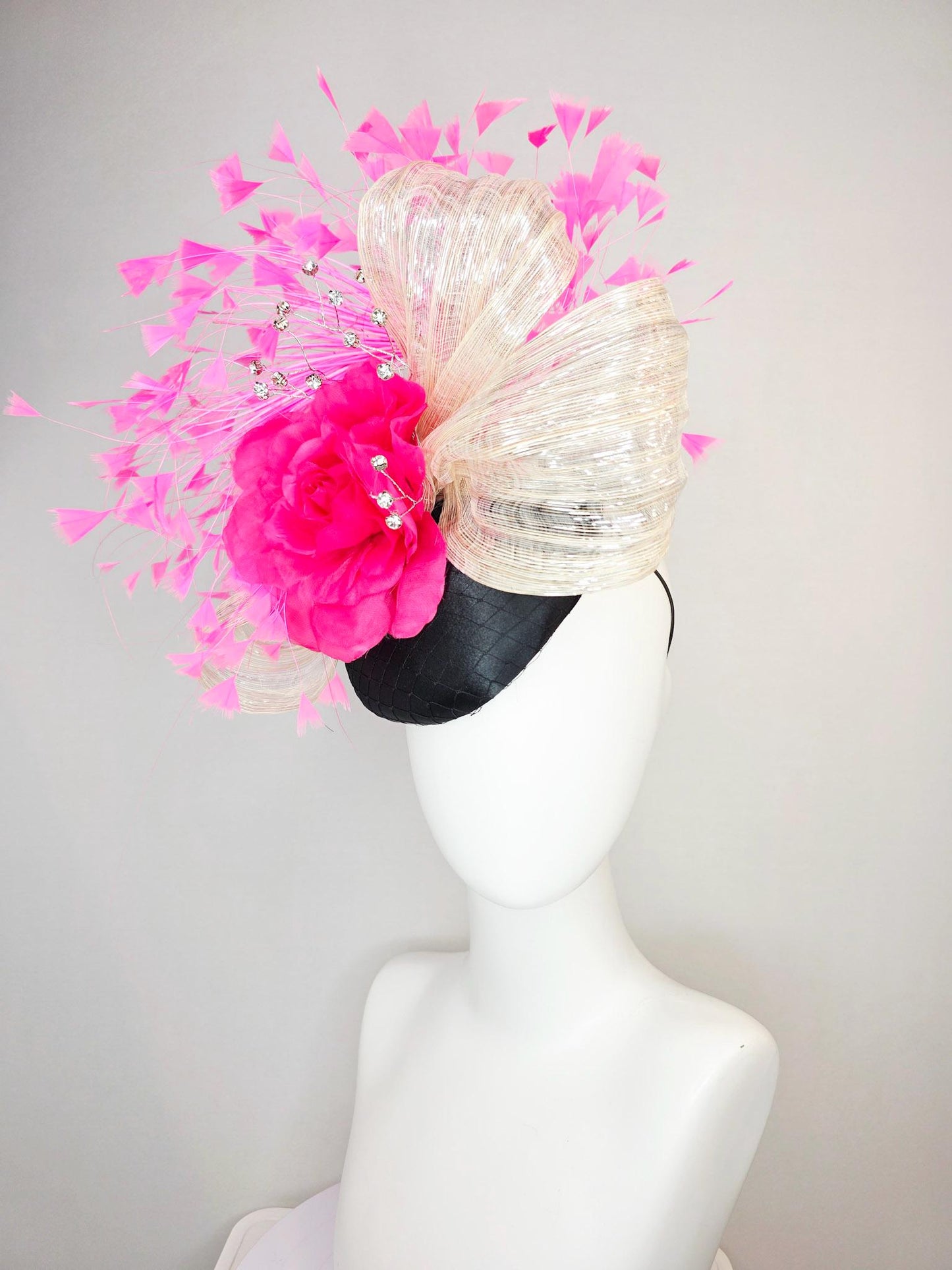 kentucky derby hat fascinator black satin with netting fuchsia pink satin rose ivory cream metallic silk ribbon and blush pink feathers