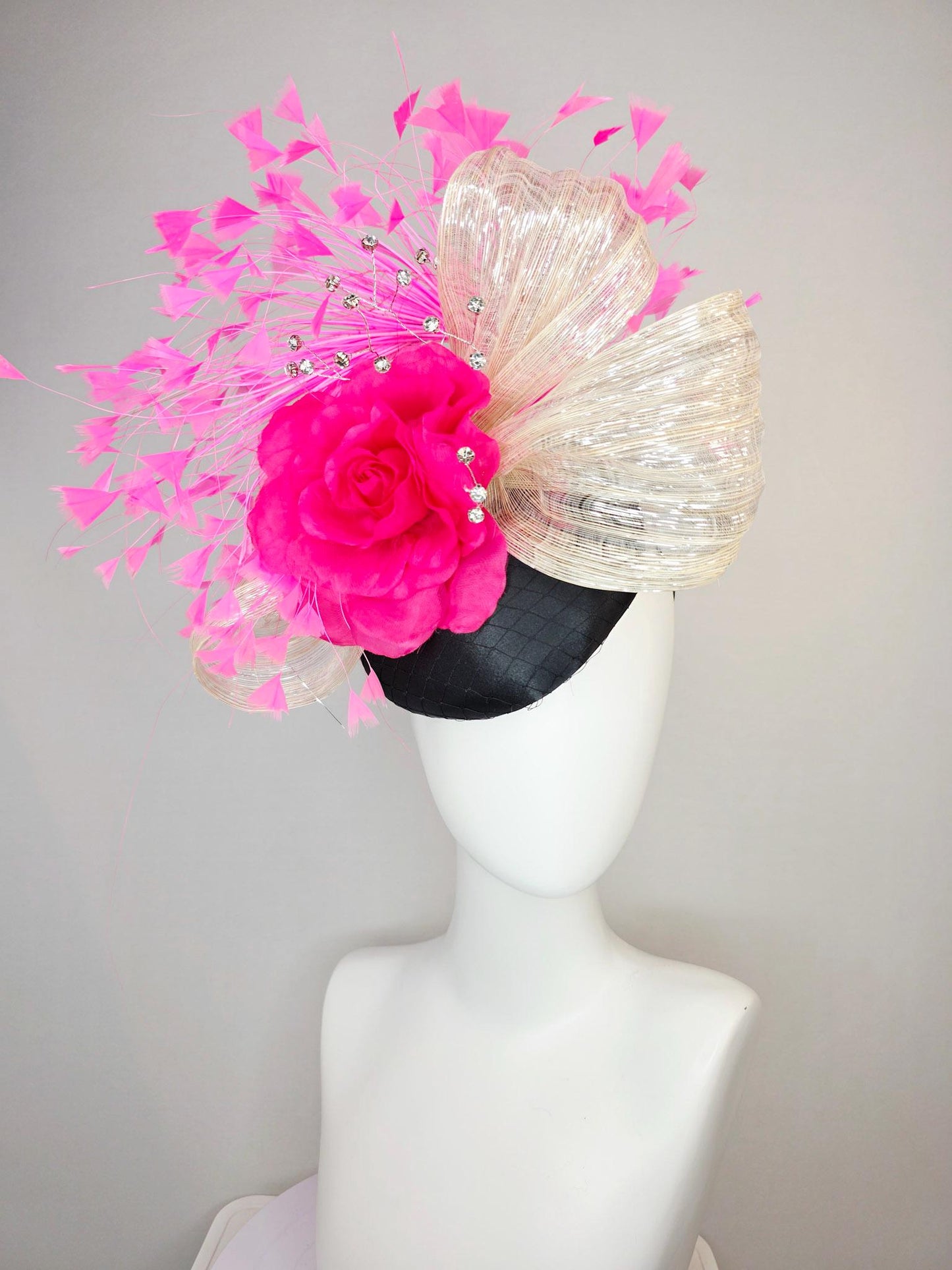 kentucky derby hat fascinator black satin with netting fuchsia pink satin rose ivory cream metallic silk ribbon and blush pink feathers