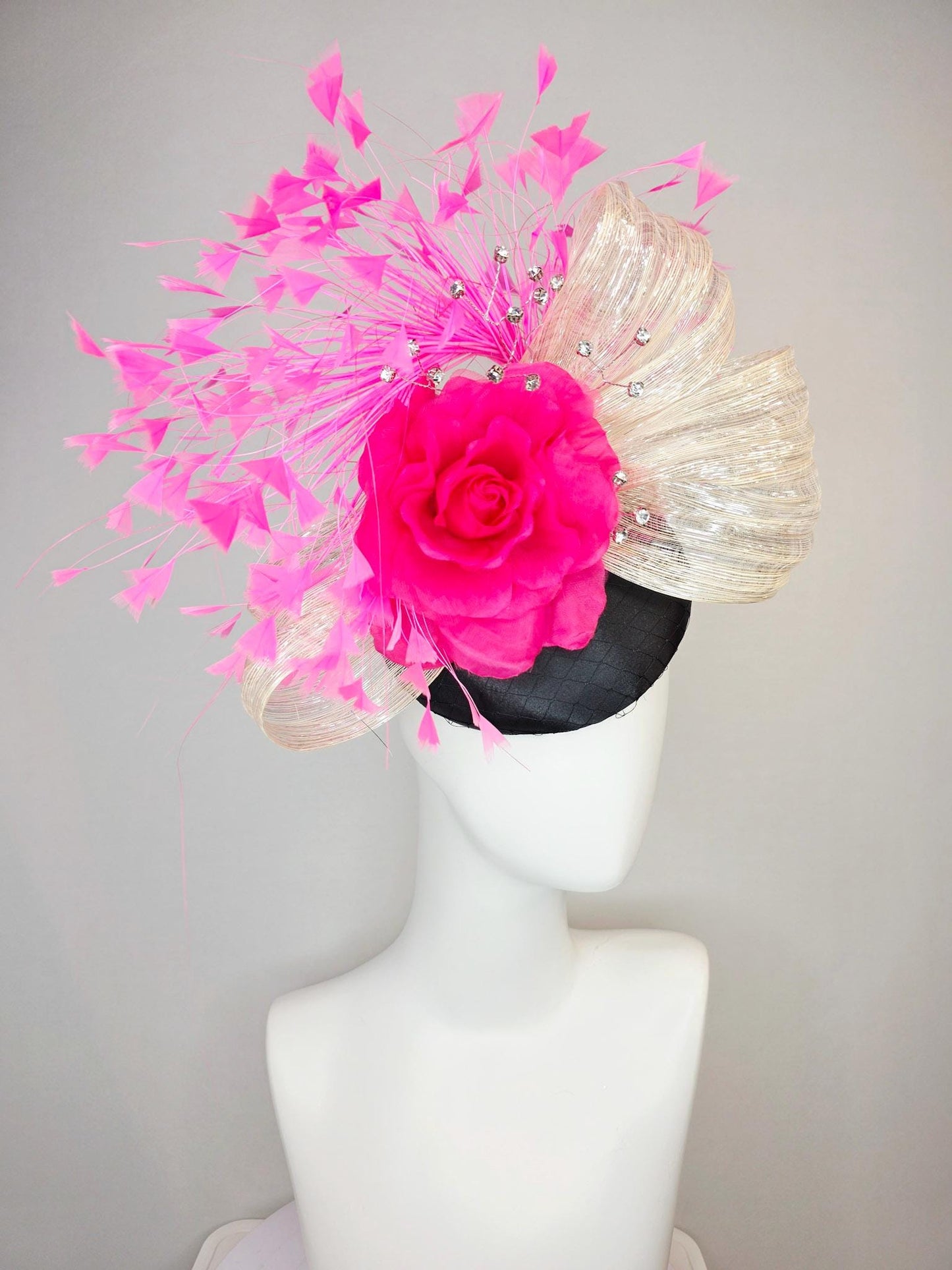 kentucky derby hat fascinator black satin with netting fuchsia pink satin rose ivory cream metallic silk ribbon and blush pink feathers
