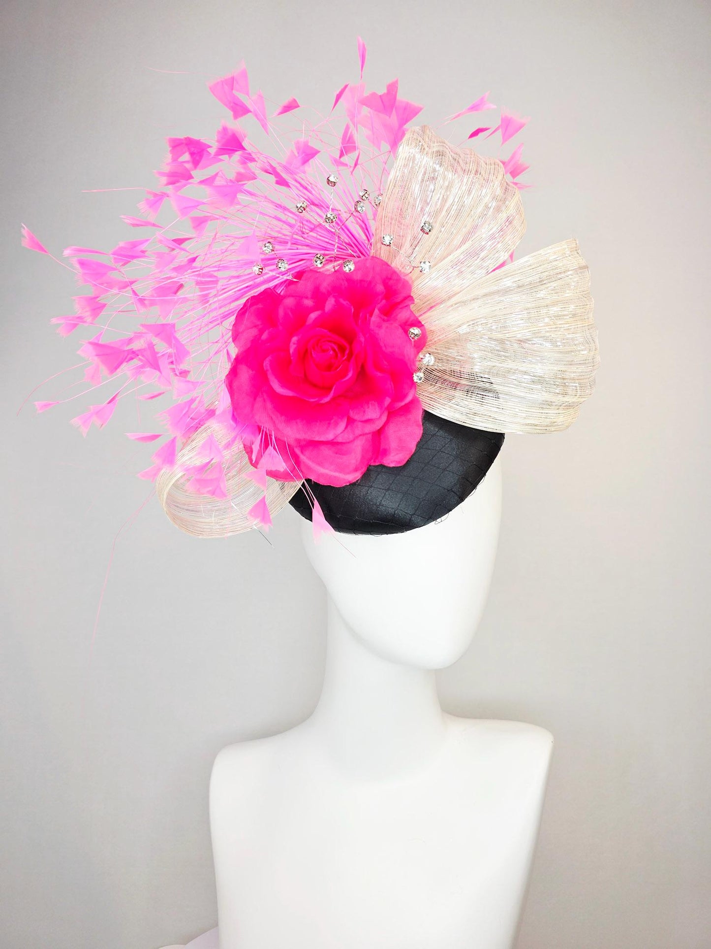 kentucky derby hat fascinator black satin with netting fuchsia pink satin rose ivory cream metallic silk ribbon and blush pink feathers