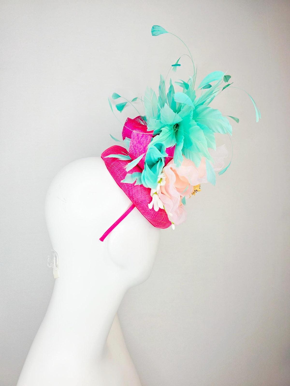 kentucky derby hat fascinator hot pink sinamay with peach organza rose yellow and white flowers green mint feathers and yellow butterflies