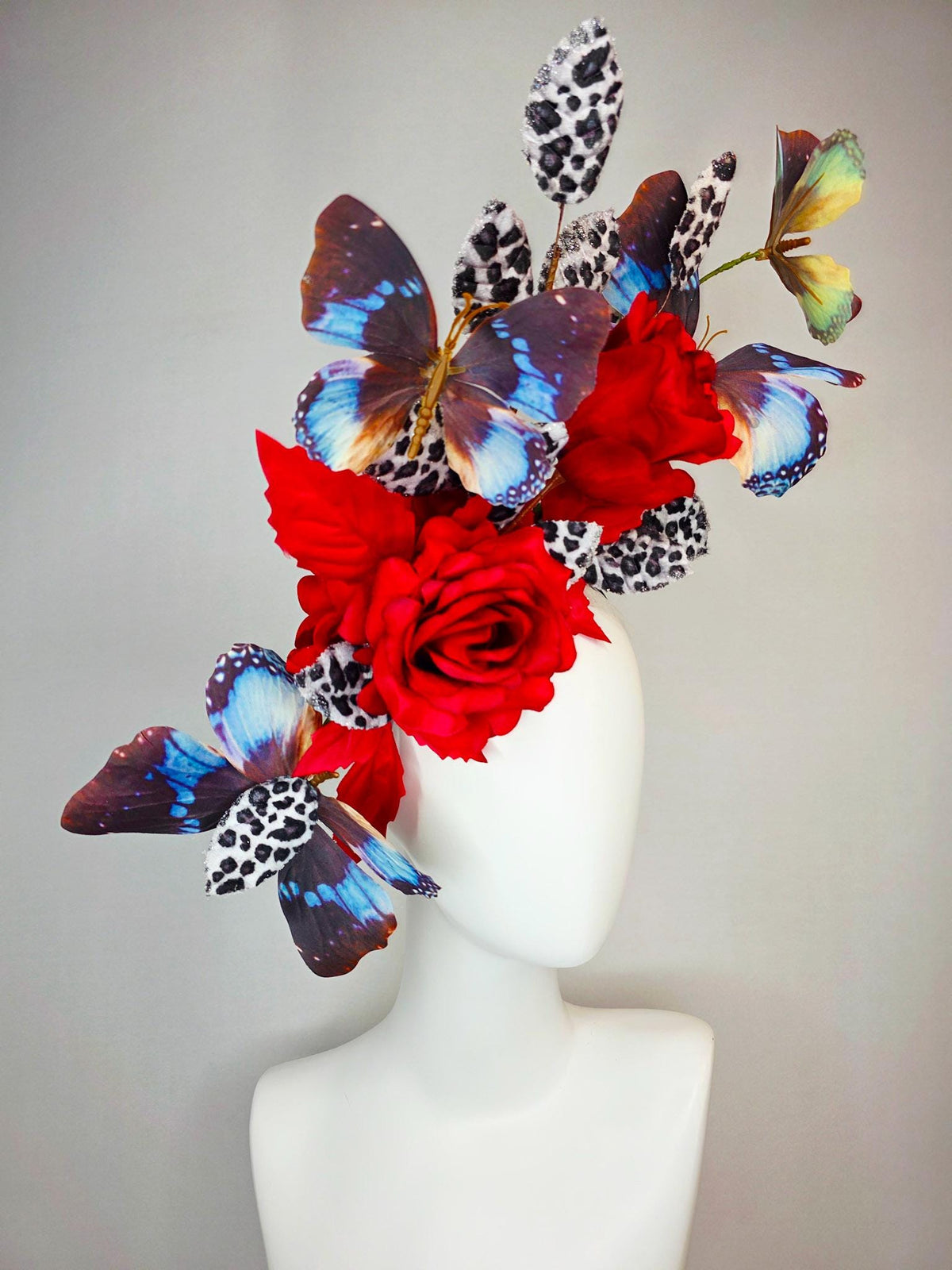 kentucky derby hat fascinator large scarlet red satin roses gray black and white leopard print velvet leaves sky blue and black butterflies